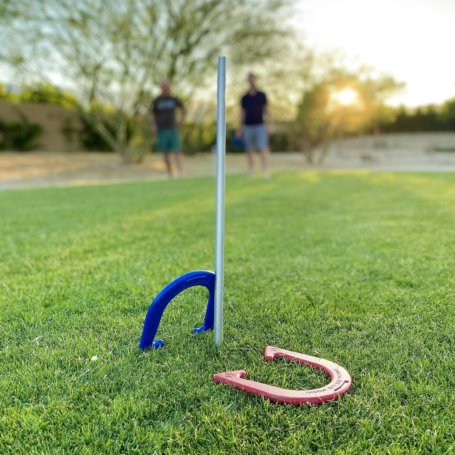 GoSports Steel Horseshoes Outdoor Game Set – Gold & Silver or Red & Blue – Official Size and Weight(Red & Blue)