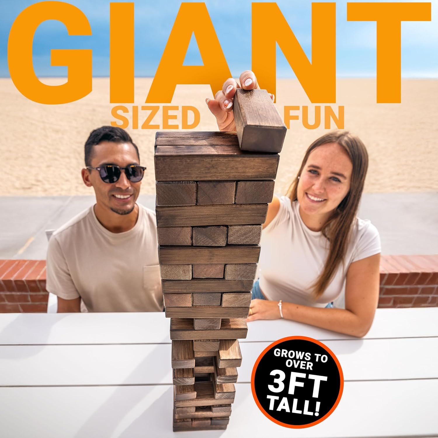 GoSports Giant Wooden Outdoor Stacking Game – Stacks Up to 3 ft – Large Toppling Tower with Case for Yard Games, Family Game Night, Camping, and Parties(Brown Wood Stain)