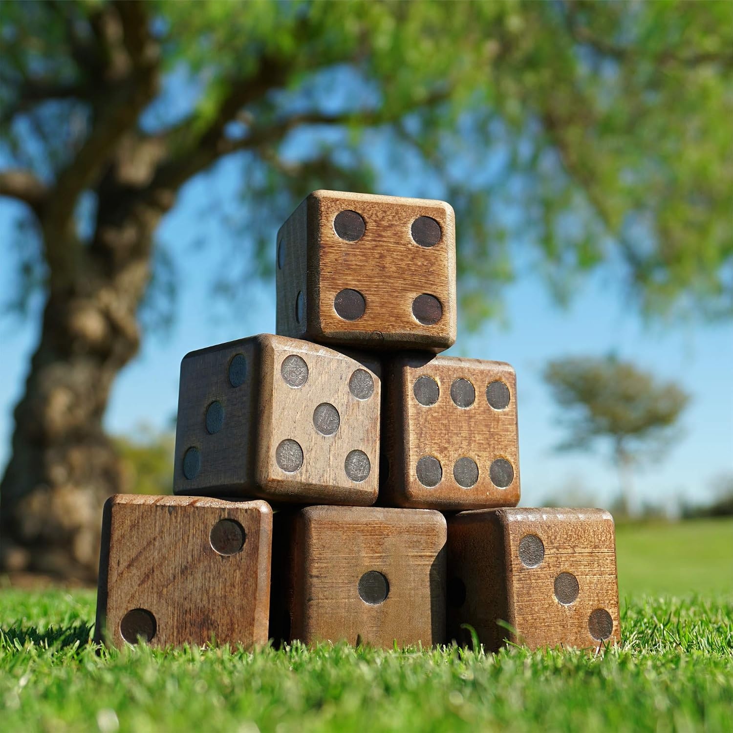 GoSports Giant Wooden Playing Dice Set with Rollzee and Farkle Scoreboard – Includes 6 Dice, Dry-Erase Scoreboard and Canvas Tote Bag – Choose 2.5 Inch or 3.5 Inch Dice)(3.5 Inch Stained Wood Dice)