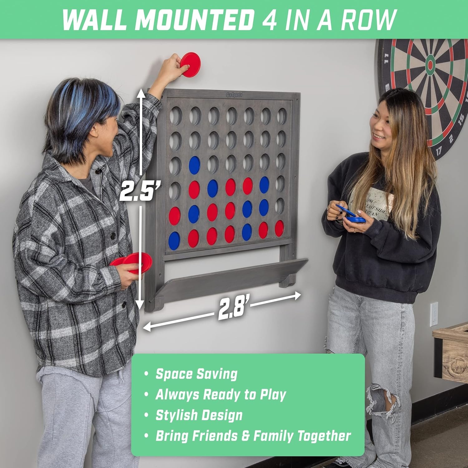GoSports Wall Mounted Giant 4 in a Row – Jumbo Four in a Row with Coins – Black(Gray Stained)
