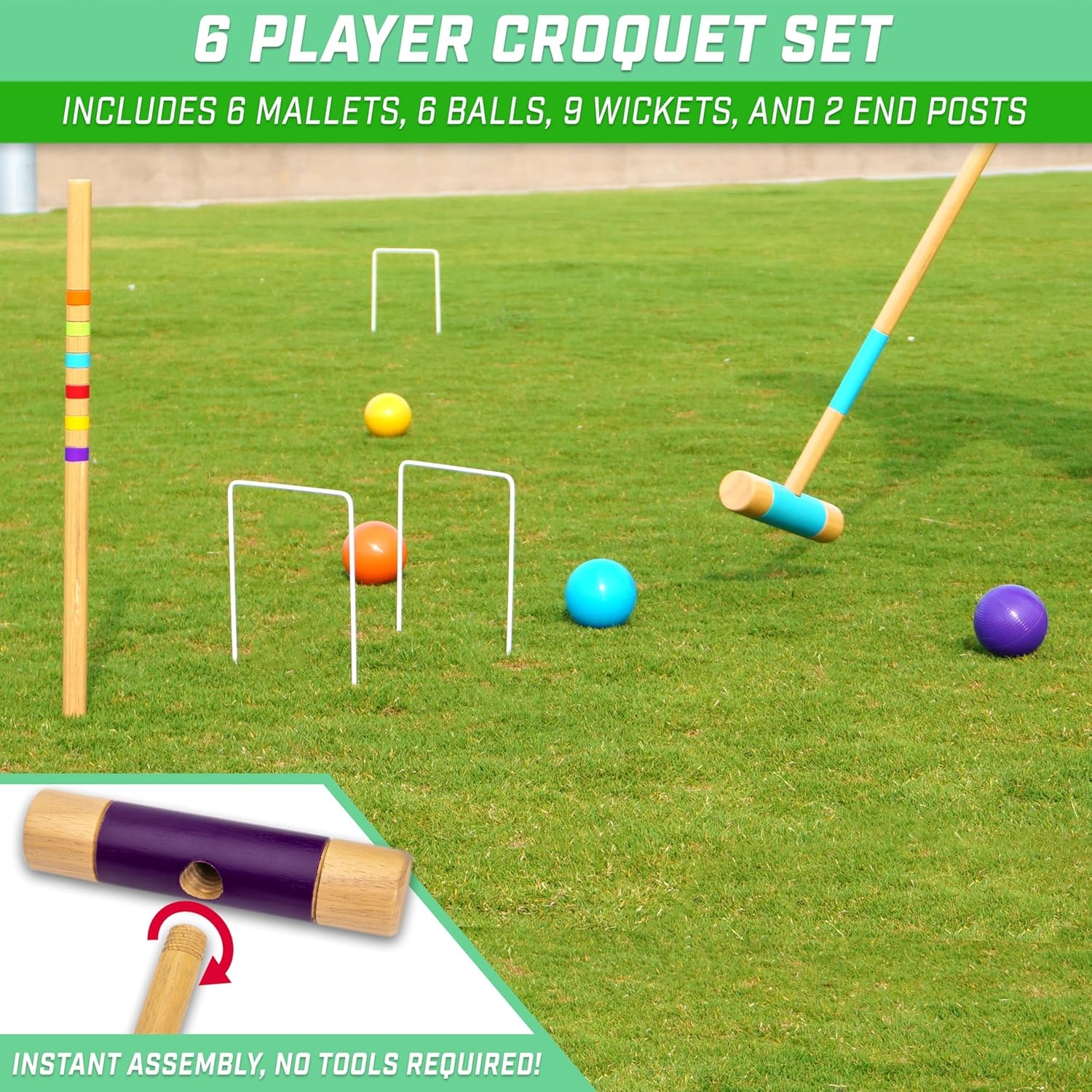 GoSports Six Player Croquet Set – Choose Deluxe (35″) or Standard (28″) – Modern Wood Design(Standard)