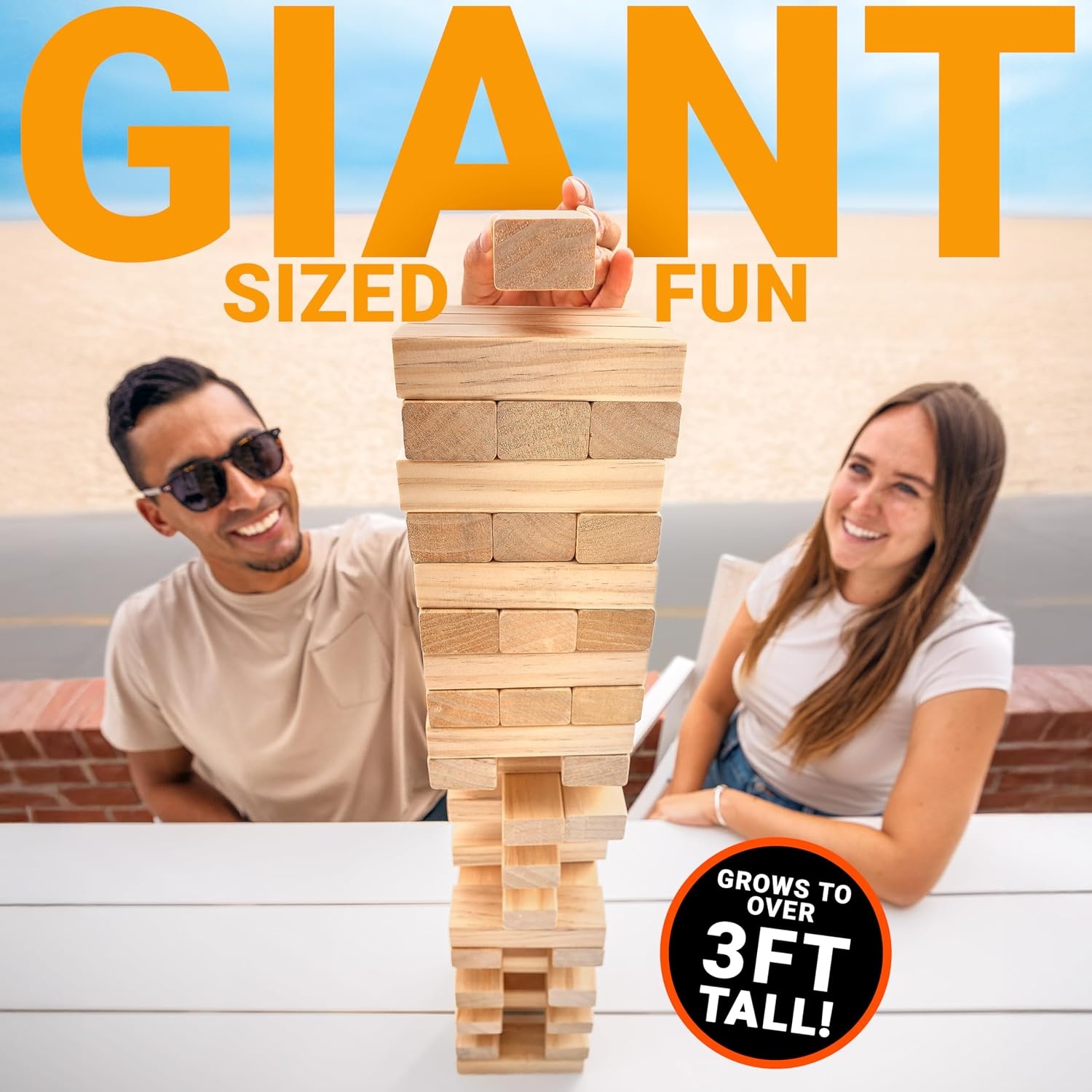 GoSports Giant Wooden Outdoor Stacking Game – Stacks Up to 3 ft – Large Toppling Tower with Case for Yard Games, Family Game Night, Camping, and Parties(Brown)