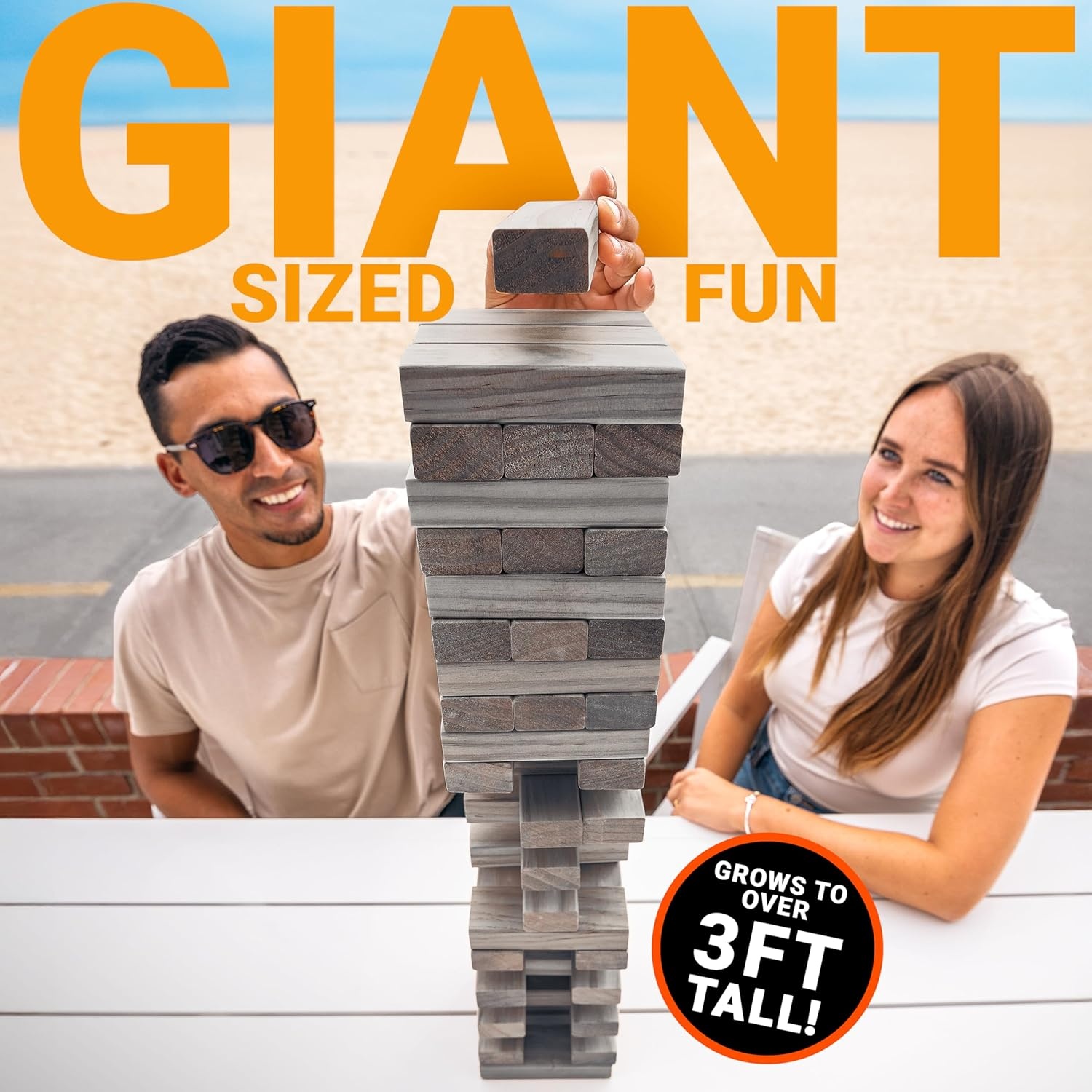 GoSports Giant Wooden Outdoor Stacking Game – Stacks Up to 3 ft – Large Toppling Tower with Case for Yard Games, Family Game Night, Camping, and Parties(Gray Wood Stain)