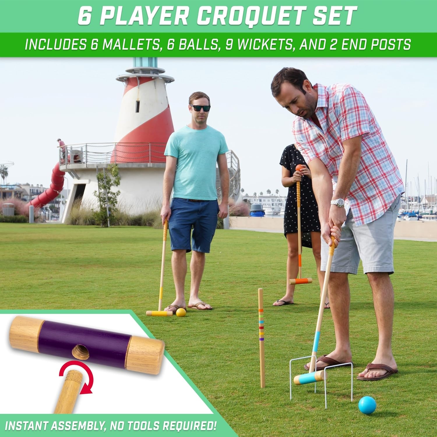 GoSports Six Player Croquet Set – Choose Deluxe (35″) or Standard (28″) – Modern Wood Design(Deluxe)