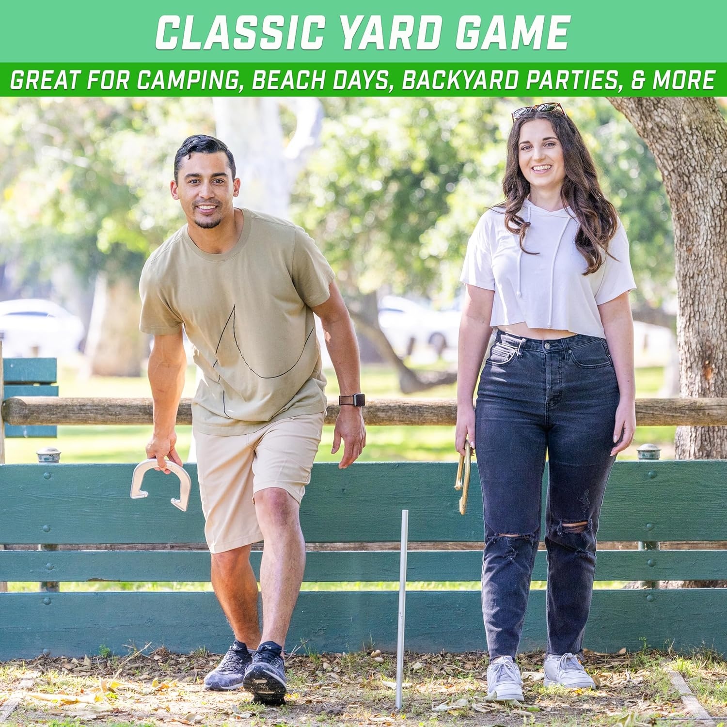 GoSports Steel Horseshoes Outdoor Game Set – Gold & Silver or Red & Blue – Official Size and Weight(Gold & Silver)