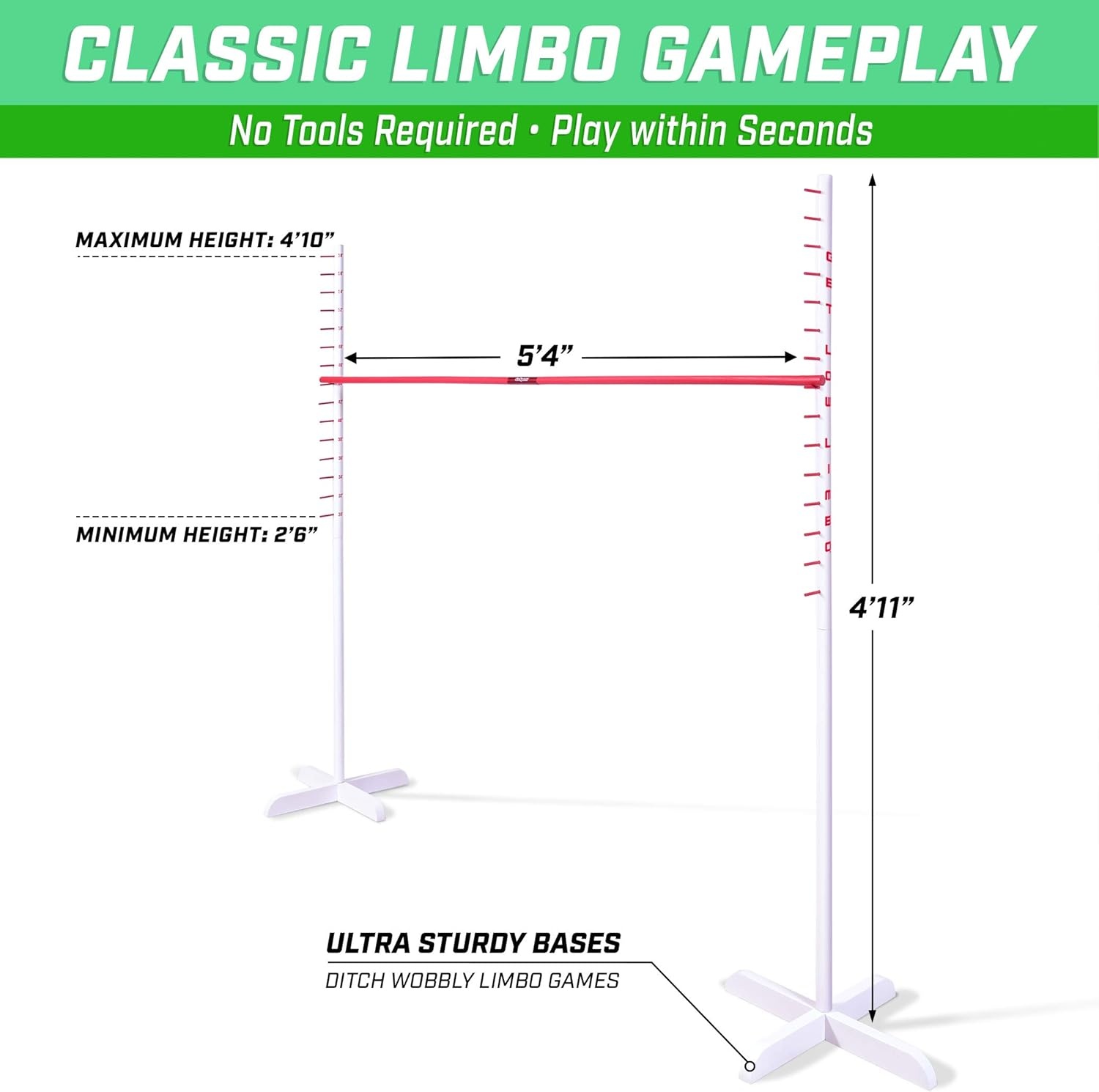 GoSports Get Low Limbo Premium Wooden Limbo Game, Sets up in Seconds – Fun for Kids & Adults, White, Red