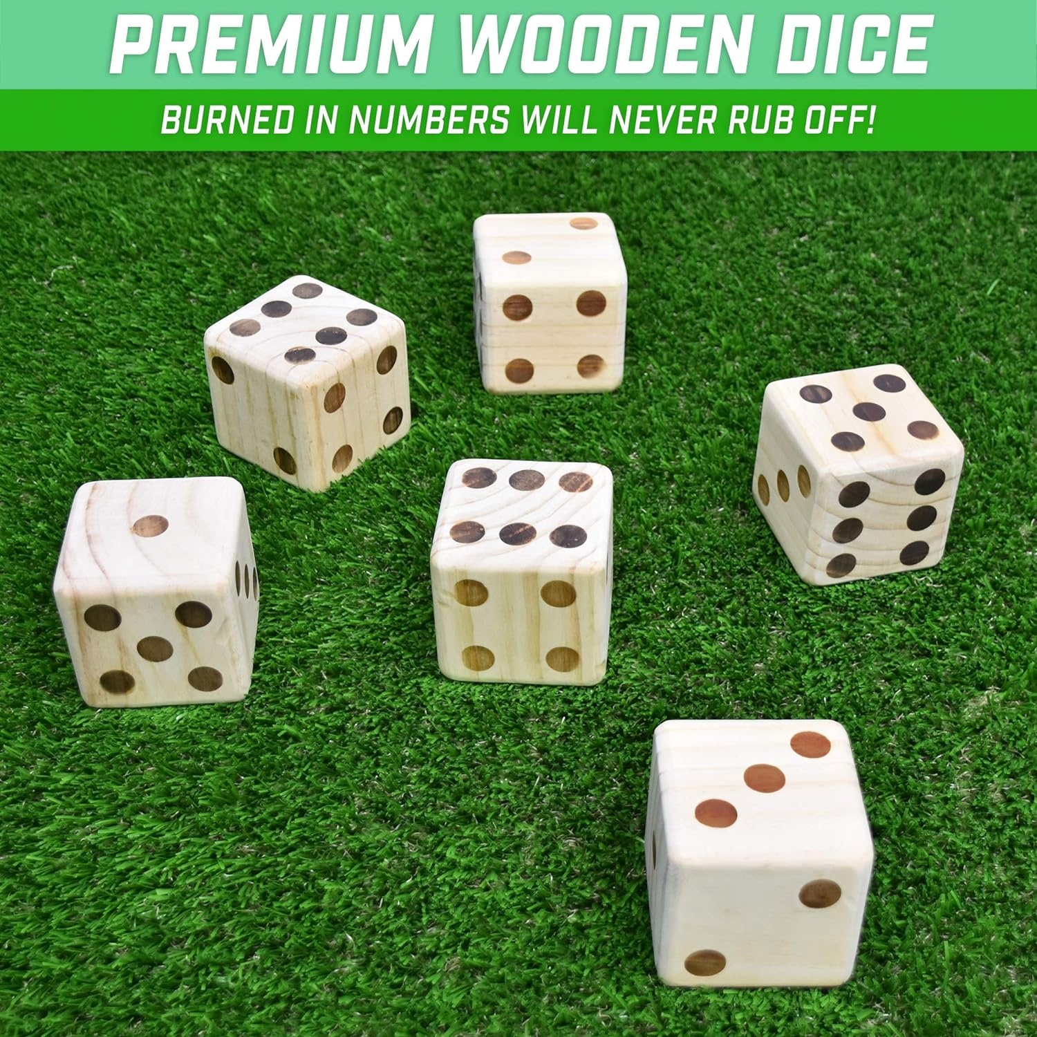 GoSports Giant Wooden Playing Dice Set with Rollzee and Farkle Scoreboard – Includes 6 Dice, Dry-Erase Scoreboard and Canvas Tote Bag – Choose 2.5 Inch or 3.5 Inch Dice)(3.5 Inch Natural Wood Dice)