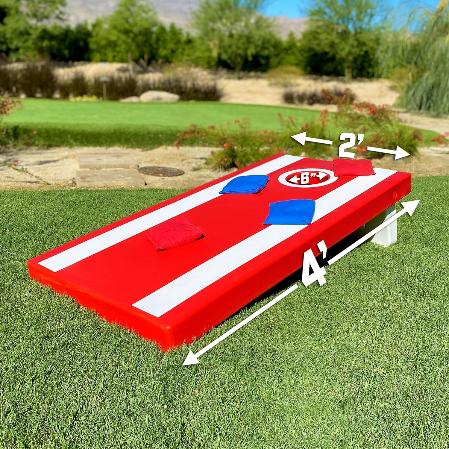 GoSports 4 x 2 ft All Weather Cornhole Boards – American Flag, Red, or Blue – Game Set Includes 8 Bean Bags & Rules(Red Edition)