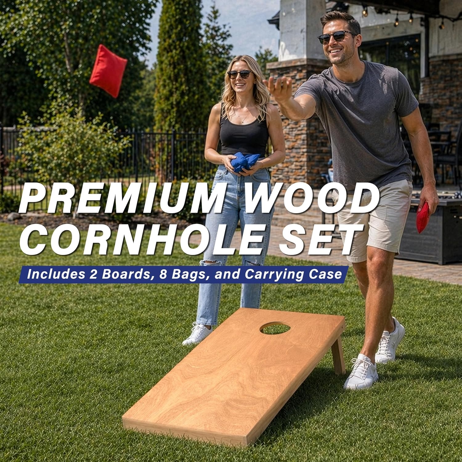 GoSports 4 ft x 2 ft Regulation Size Wooden Cornhole Boards Set with Light Brown Finish – Includes Carrying Case (Choose Your Colors)(Burgundy & Light Blue)