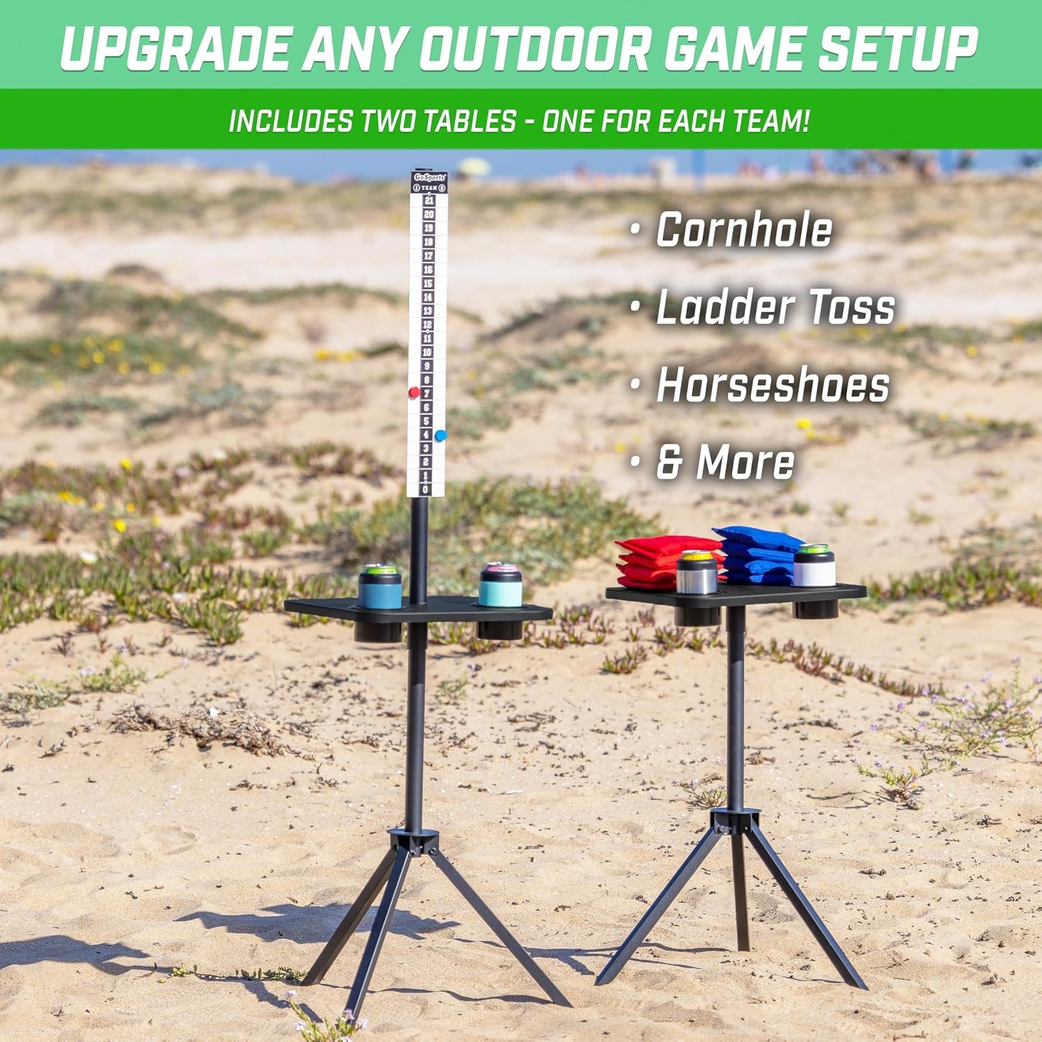 GoSports All Weather Metal Cornhole Scoreboard with Drink Holders – Black or White – Magnetic Outdoor Score Keeper for Yard Games – Set of 2 ScoreCaddy Tables(Black)