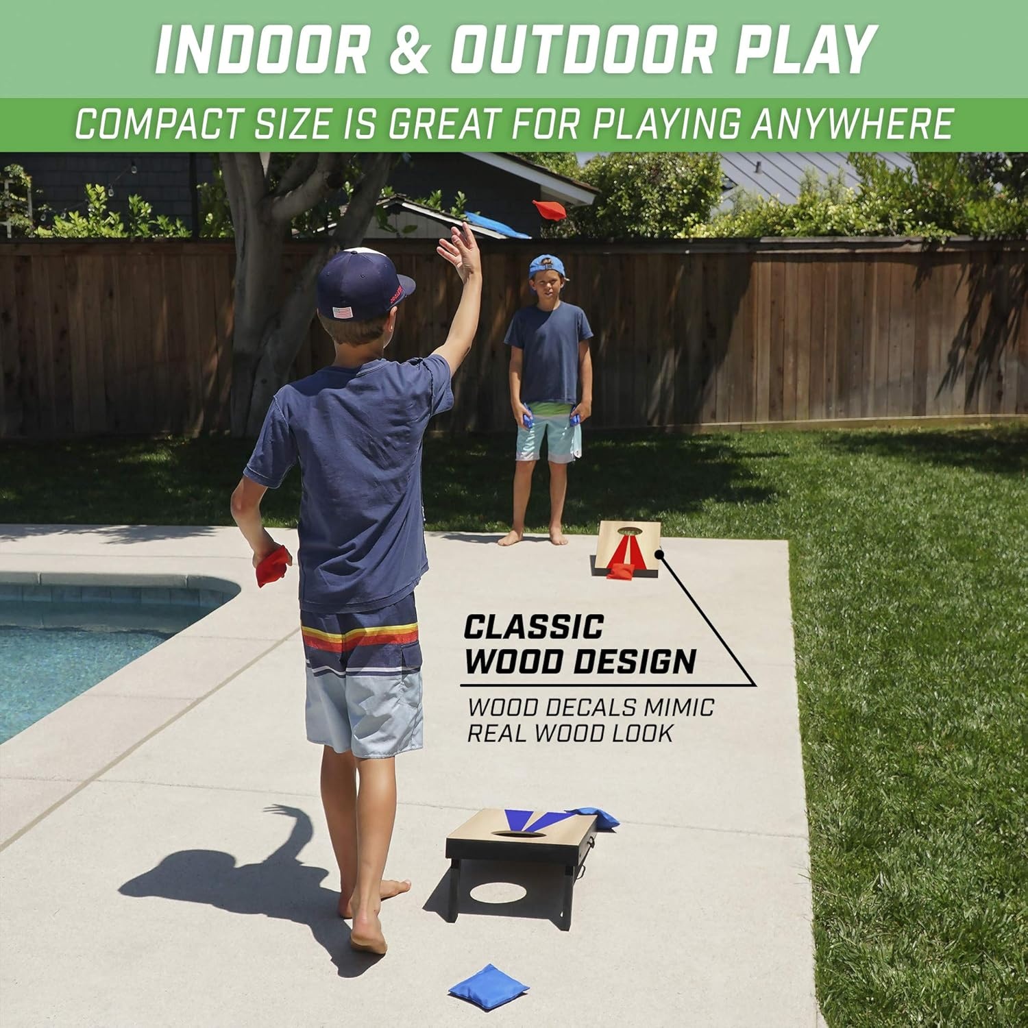 GoSports 2 ft x 1 ft Portable Size Cornhole Set – Ready To Play with 6 Bean Bags and 2 Conrhole Boards – Great for Indoor, Outdoor, Family Events, Game Nights, and Backyard Play(Wood Design)