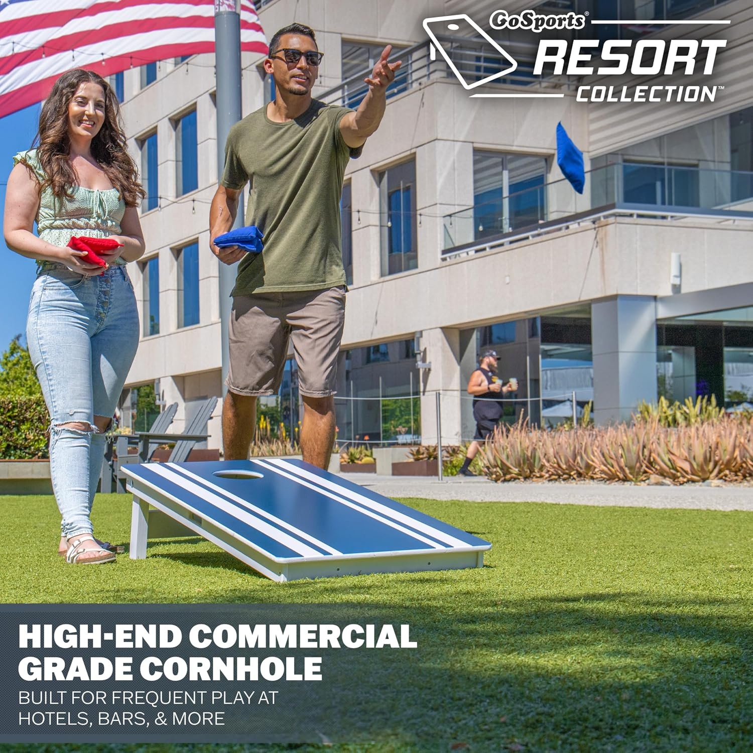 GoSports 4 x 2 ft Commercial Ultra Durable Cornhole Board Set – All-Weather Regulation Size, Ready-to-Play for Family Backyard Games, Tailgates, Outdoor Party, and Venues(Blue Stripe)