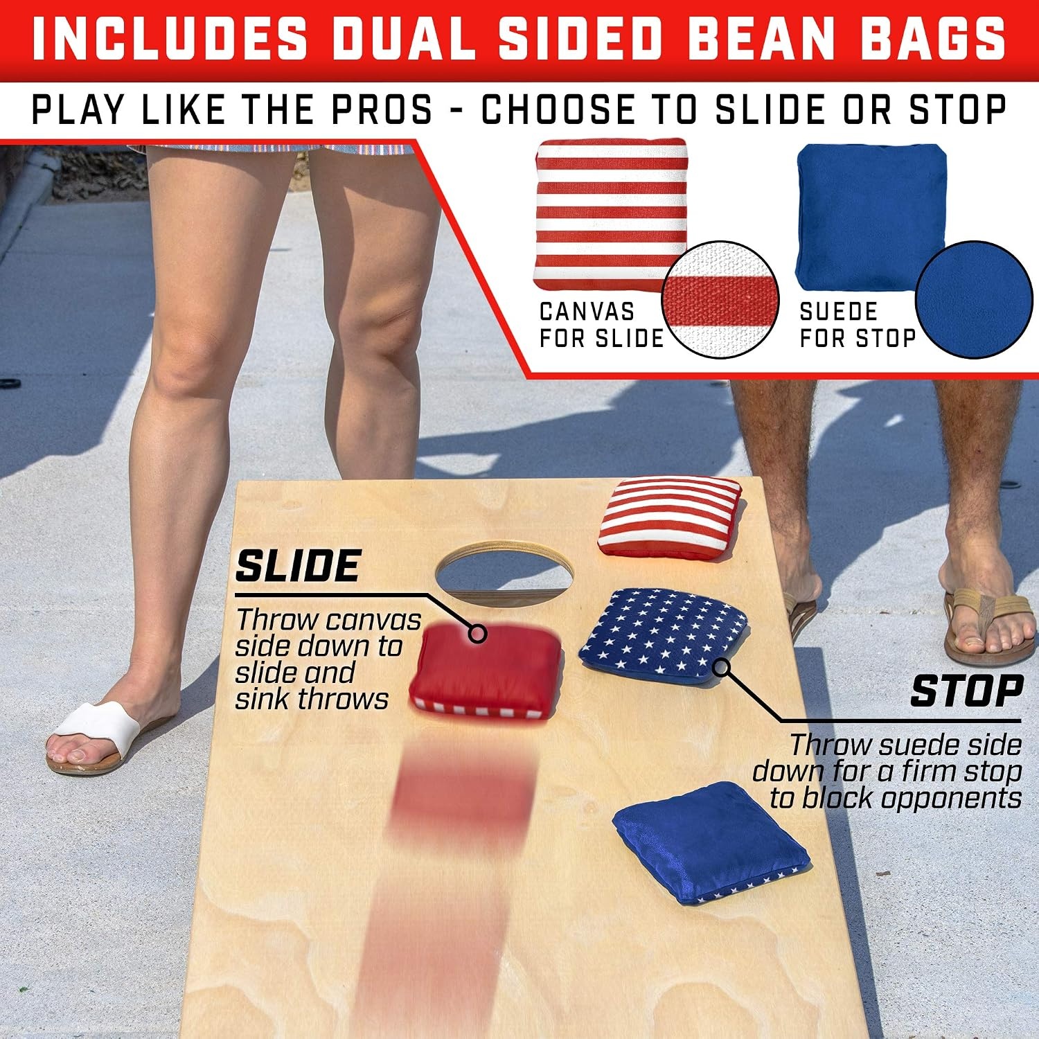 GoSports Dual Sided Cornhole Bean Bags – Slide and Stop Regulation Tournament Bean Bags, Set of 8(Red Blue)