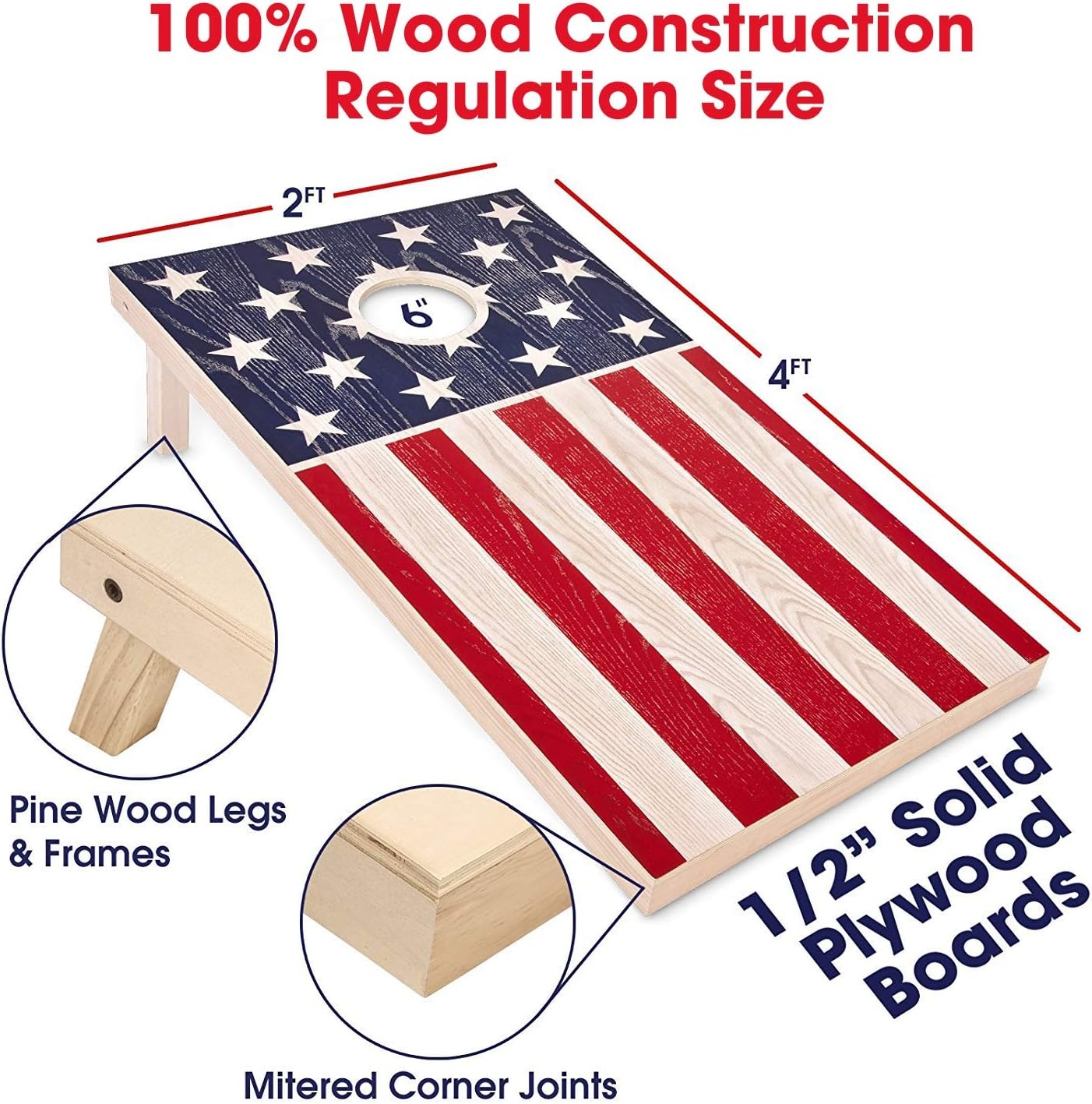 GoSports 4 x 2 ft Flag Series Wood Cornhole Sets – American Flag or State Flags – Includes 2 Regulation Size Boards, 8 Bean Bags, Carrying Case and Rules(American Flag)