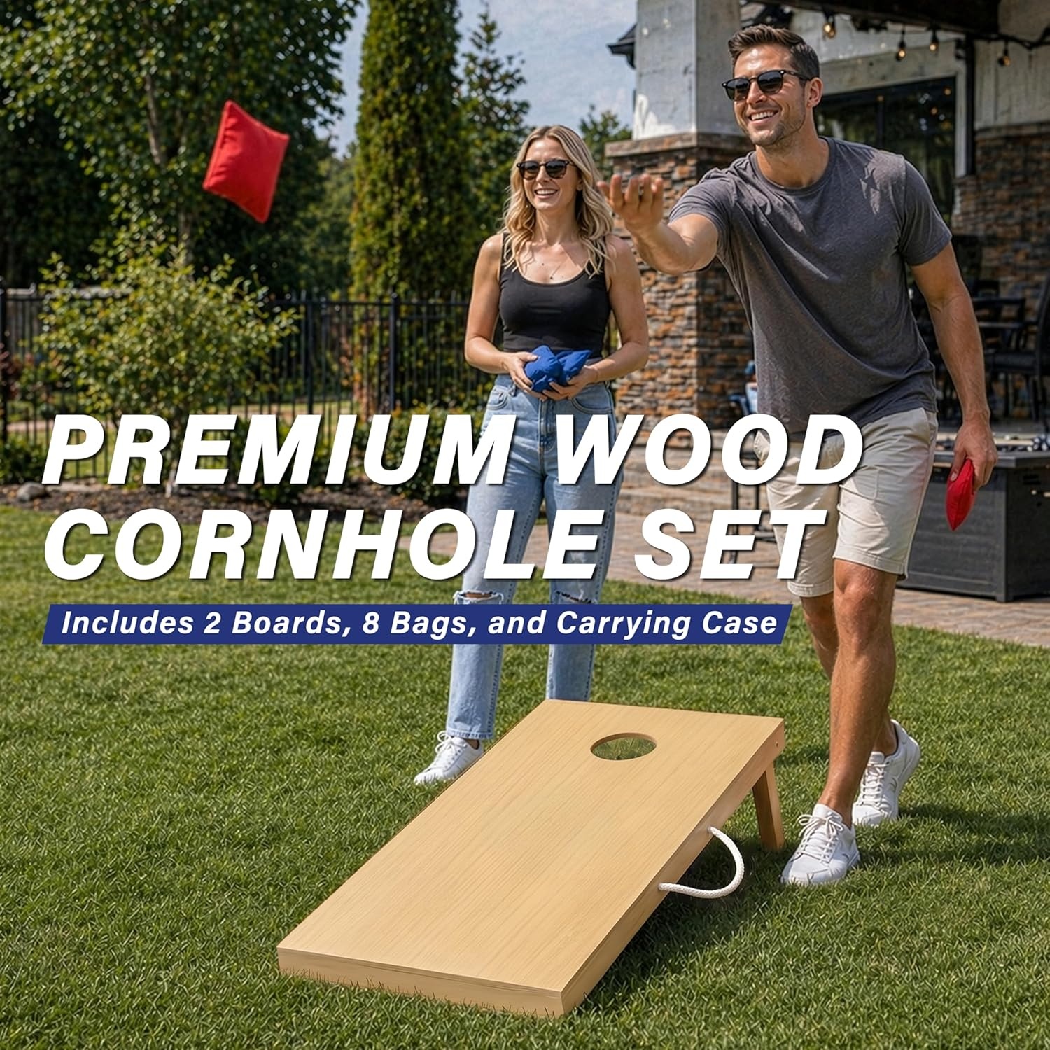 GoSports 4 x 2 ft Classic Wooden Cornhole Board Set – Portable Bean Bag Toss Game for Adults & Family – Includes Set of 8 Bean Bags with Tote Bag