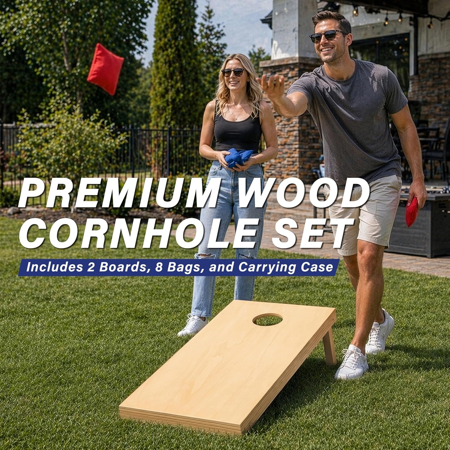 GoSports Solid Wood Premium Cornhole Sets – Choose 4 x 2 ft or 3 x 2 ft – Game Boards Include Set of 8 Cornhole Toss Bags(Regulation Size (4ft x 2ft))