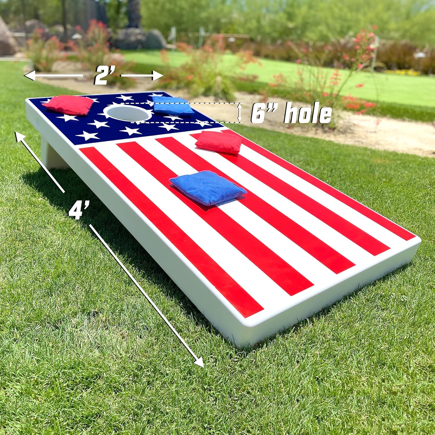 GoSports 4 x 2 ft All Weather Cornhole Boards – American Flag, Red, or Blue – Game Set Includes 8 Bean Bags & Rules(America)