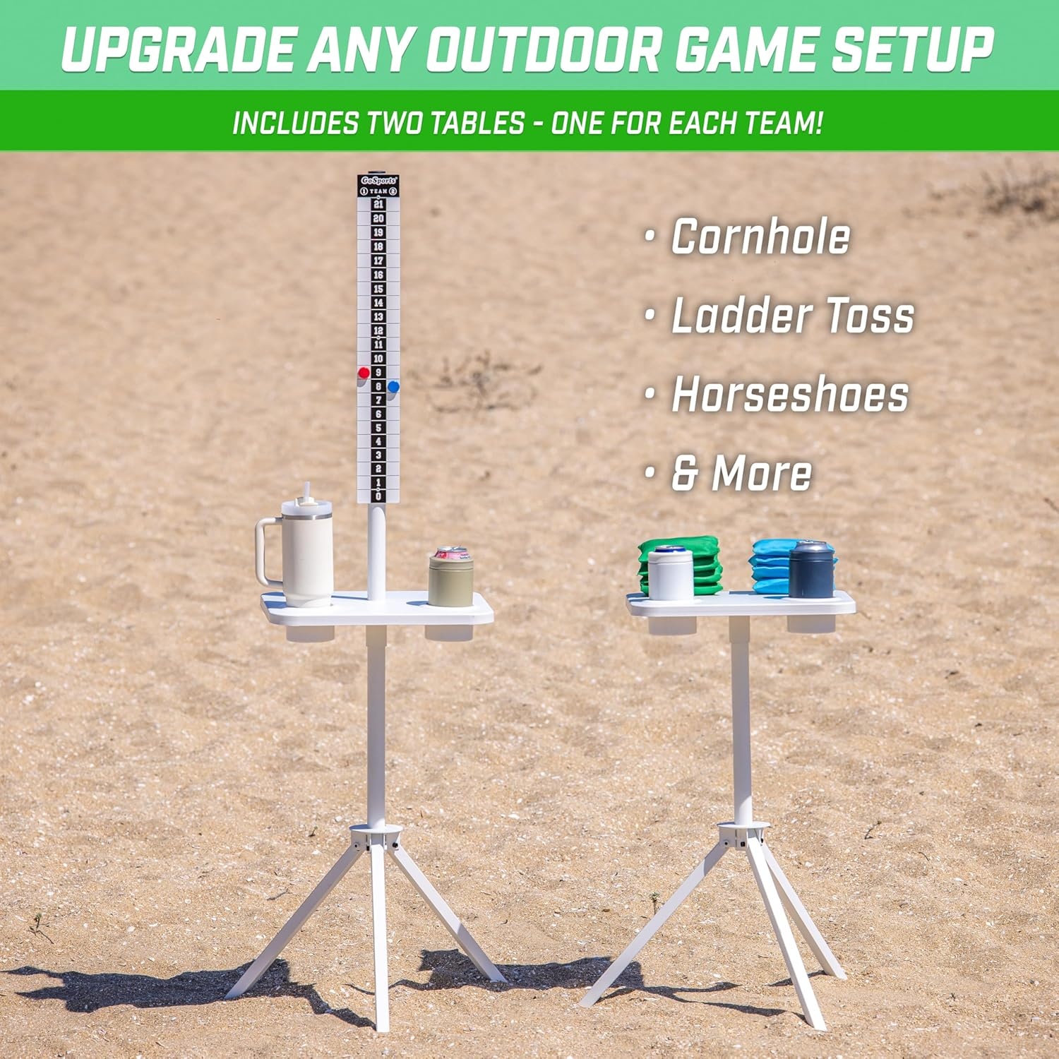 GoSports All Weather Metal Cornhole Scoreboard with Drink Holders – Black or White – Magnetic Outdoor Score Keeper for Yard Games – Set of 2 ScoreCaddy Tables(White)