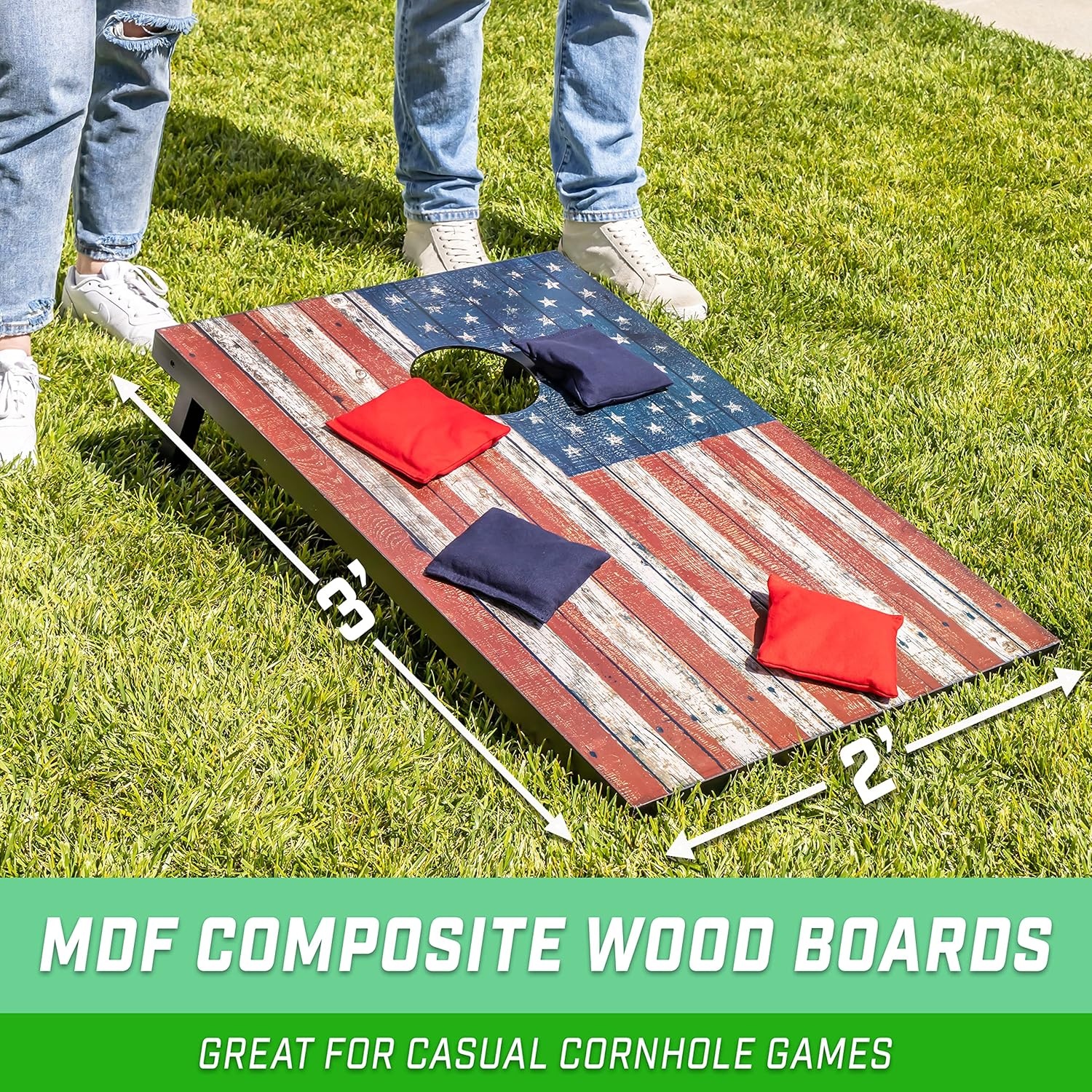 GoSports Portable Cornhole Sets, 8 Styles – Choose 4 x 2 ft or 3 x 2 ft – Boards Include 8 Bean Bags, Travel Case, and Game Rules(3 x 2 ft American Flag)