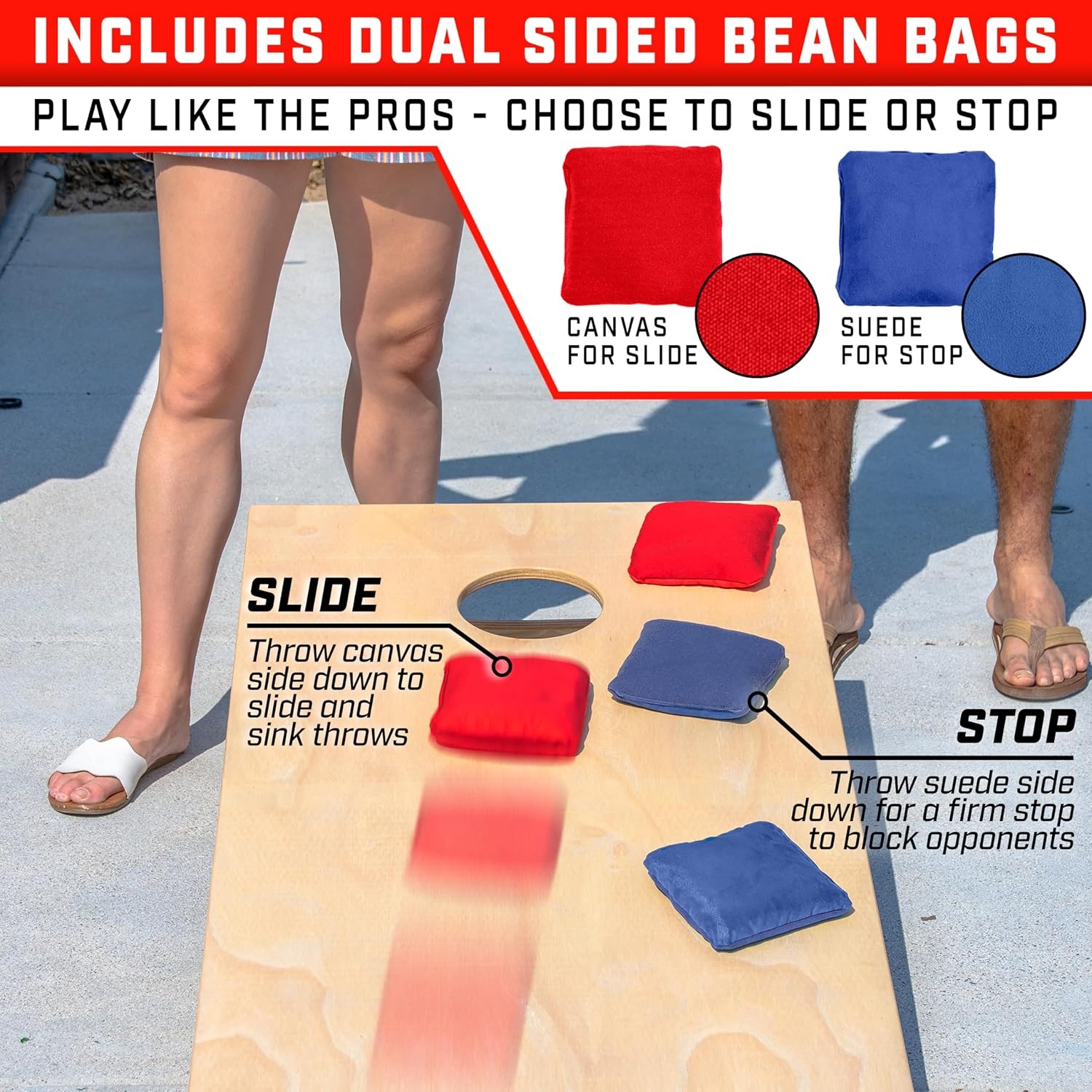 GoSports Dual Sided Cornhole Bean Bags – Slide and Stop Regulation Tournament Bean Bags, Set of 8(Red and Blue)