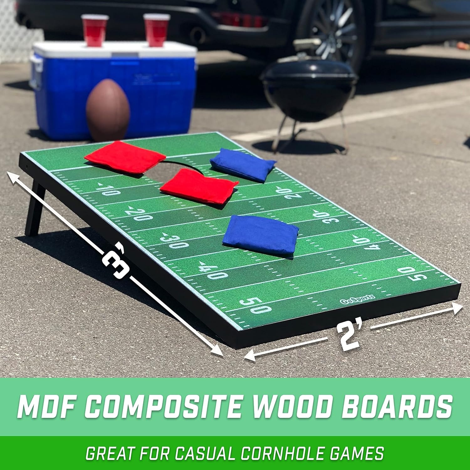 GoSports Portable Cornhole Sets, 8 Styles – Choose 4 x 2 ft or 3 x 2 ft – Boards Include 8 Bean Bags, Travel Case, and Game Rules(3 x 2 ft Football)