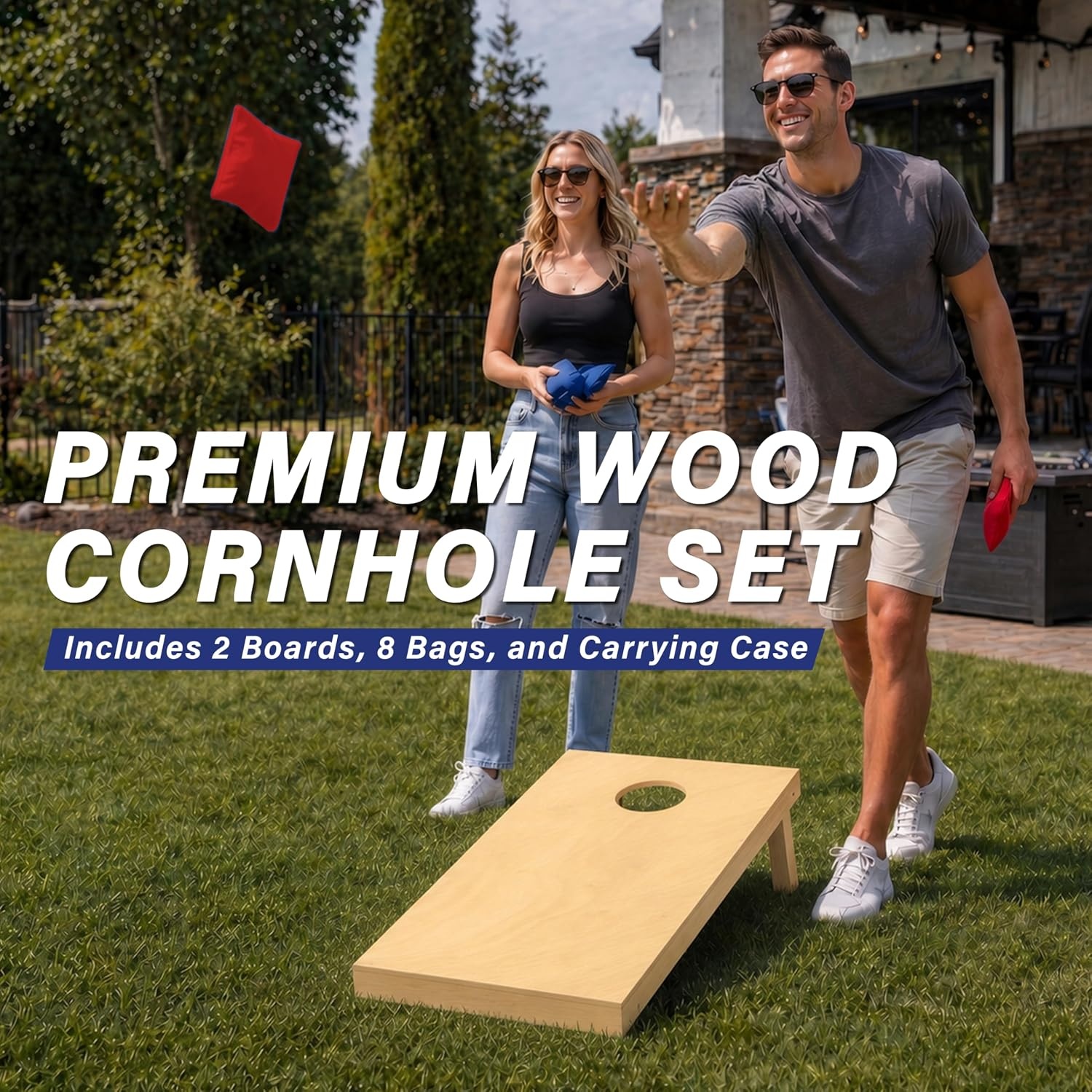 GoSports Solid Wood Premium Cornhole Sets – Choose 4 x 2 ft or 3 x 2 ft – Game Boards Include Set of 8 Cornhole Toss Bags(Classic)