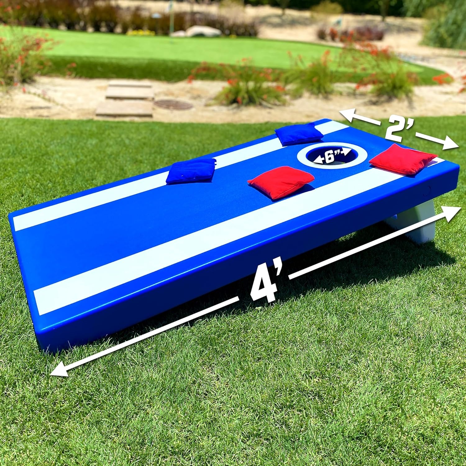 GoSports 4 x 2 ft All Weather Cornhole Boards – American Flag, Red, or Blue – Game Set Includes 8 Bean Bags & Rules(Blue)
