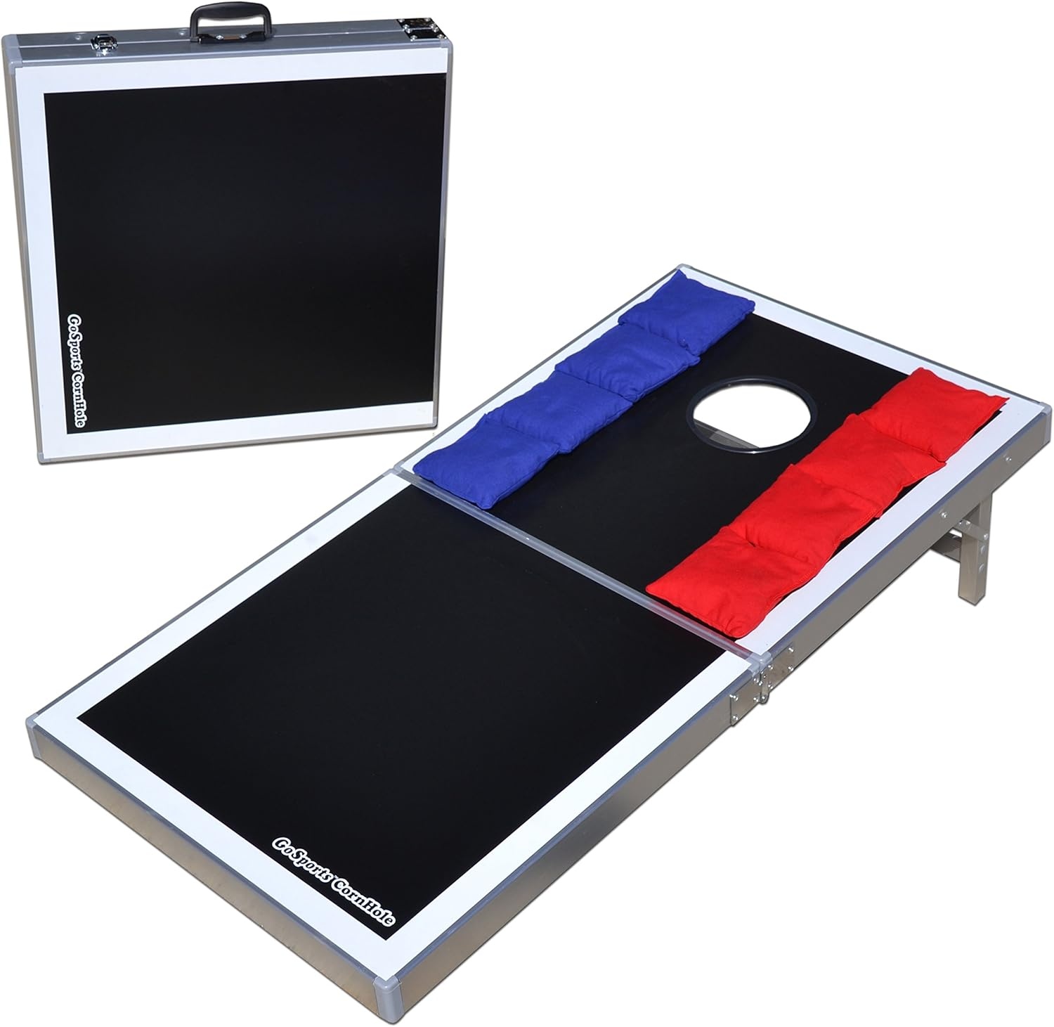 GoSports 4 x 2 ft Ultra Portable Cornhole Board Set – Choose LED Lights or Standard – Regulation Size Corn Hole Games for Adults, Perfect for Tailgating and Camping – Includes 8 Bean Bags & Rules(Black Edition)