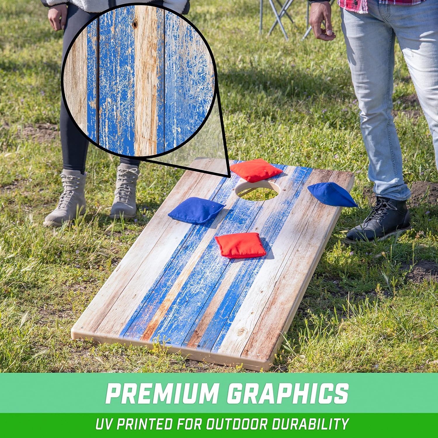 GoSports 4 x 2 ft All Weather Cornhole Boards – Rustic, Reed Camo, Woodland Camo, or Wood – 2 Regulation Size ToughToss Boards, 8 Bean Bags, and Carry Case(Rustic Design)