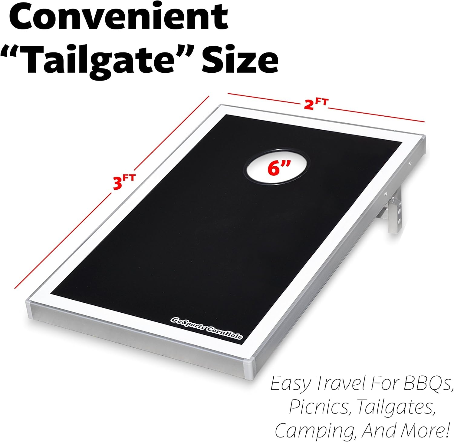 GoSports Tailgate Size 3 x 2 ft Cornhole Sets – Choose LED or Standard – Portable Set Includes 8 Bean Bags & Game Rules(Black Edition)