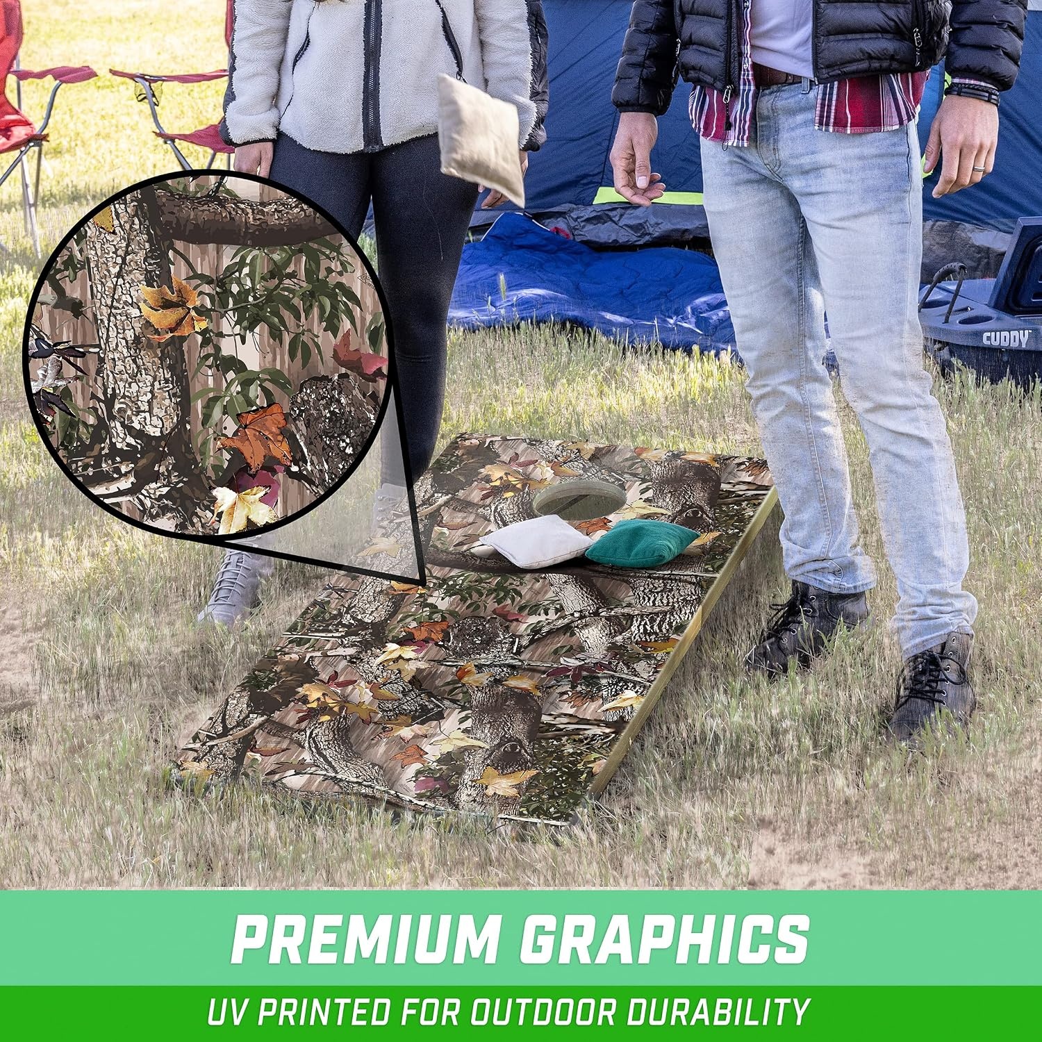 GoSports 4 x 2 ft All Weather Cornhole Boards – Rustic, Reed Camo, Woodland Camo, or Wood – 2 Regulation Size ToughToss Boards, 8 Bean Bags, and Carry Case(Woodland Camo)