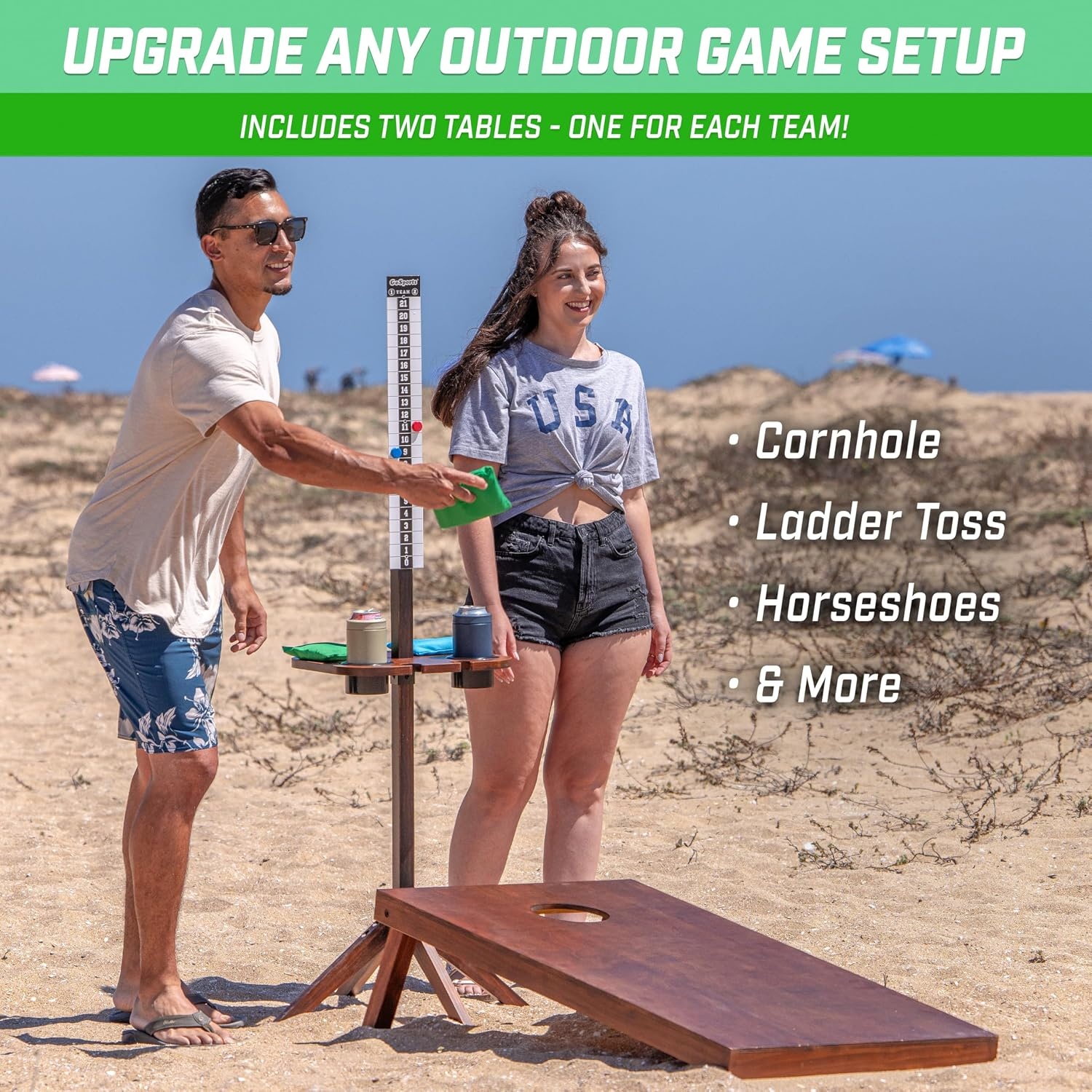GoSports Wood Cornhole Scoreboard with Drink Holders – Dark Stain or White – Score Tracker Accessory for Backyard Games – Set of 2 ScoreCaddy Tables(Dark Stain Finish)