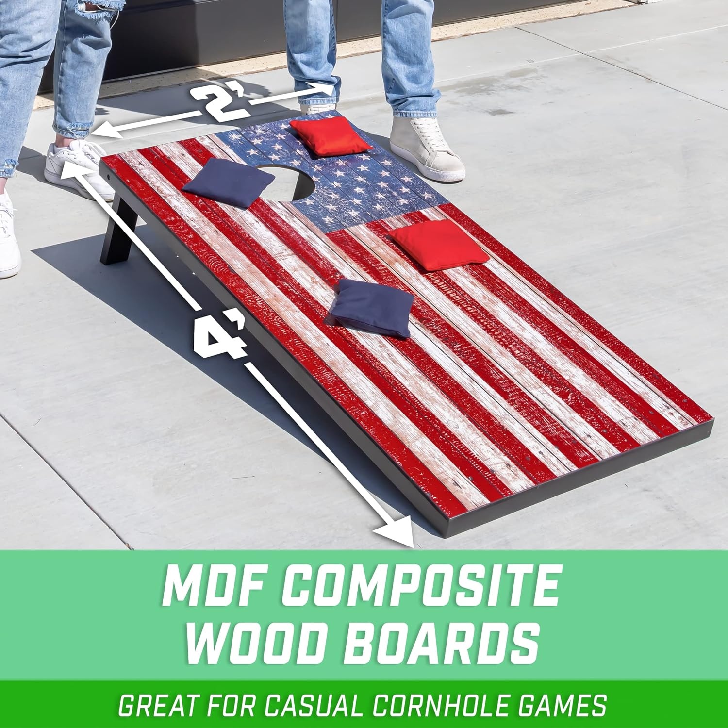 GoSports Portable Cornhole Sets, 8 Styles – Choose 4 x 2 ft or 3 x 2 ft – Boards Include 8 Bean Bags, Travel Case, and Game Rules(4 x 2 ft American Flag)