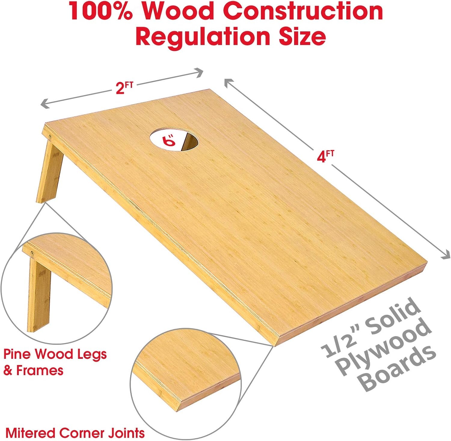 GoSports Bamboo Cornhole Toss Game Set with 8 Bean Bags & Carrying Case – Choose Regulation or Tailgate Size Boards(Regulation Size (4ft x 2ft))