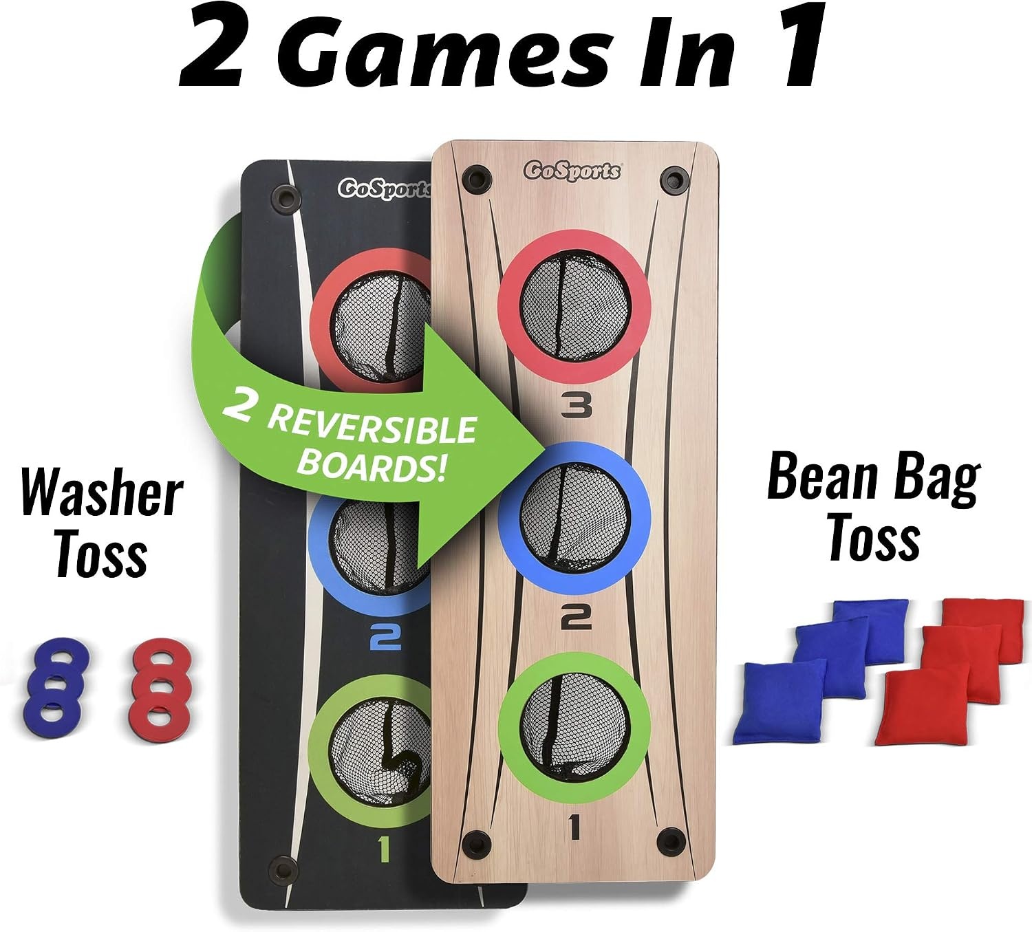 GoSports Multi 2-in-1 Bean Bag Toss & Washer Toss Combo Outdoor Game – Fun for Kids & Adults – Includes 2 Double Sided Game Boards, 6 Washers, 6 Bean Bags, Carry Case