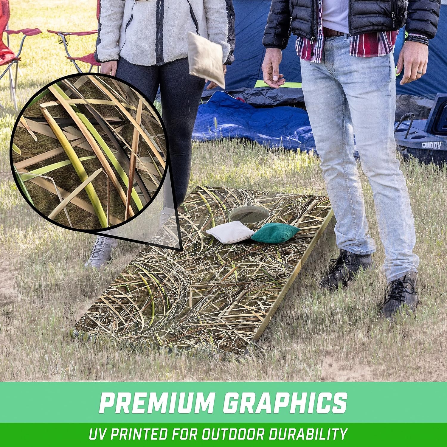 GoSports 4 x 2 ft All Weather Cornhole Boards – Rustic, Reed Camo, Woodland Camo, or Wood – 2 Regulation Size ToughToss Boards, 8 Bean Bags, and Carry Case(Reed Camo)