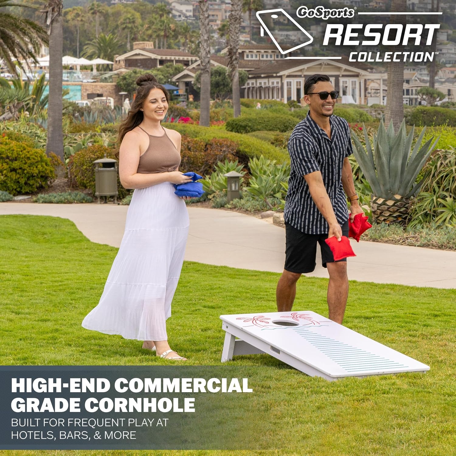 GoSports 4 x 2 ft Commercial Ultra Durable Cornhole Board Set – All-Weather Regulation Size, Ready-to-Play for Family Backyard Games, Tailgates, Outdoor Party, and Venues(Palms)