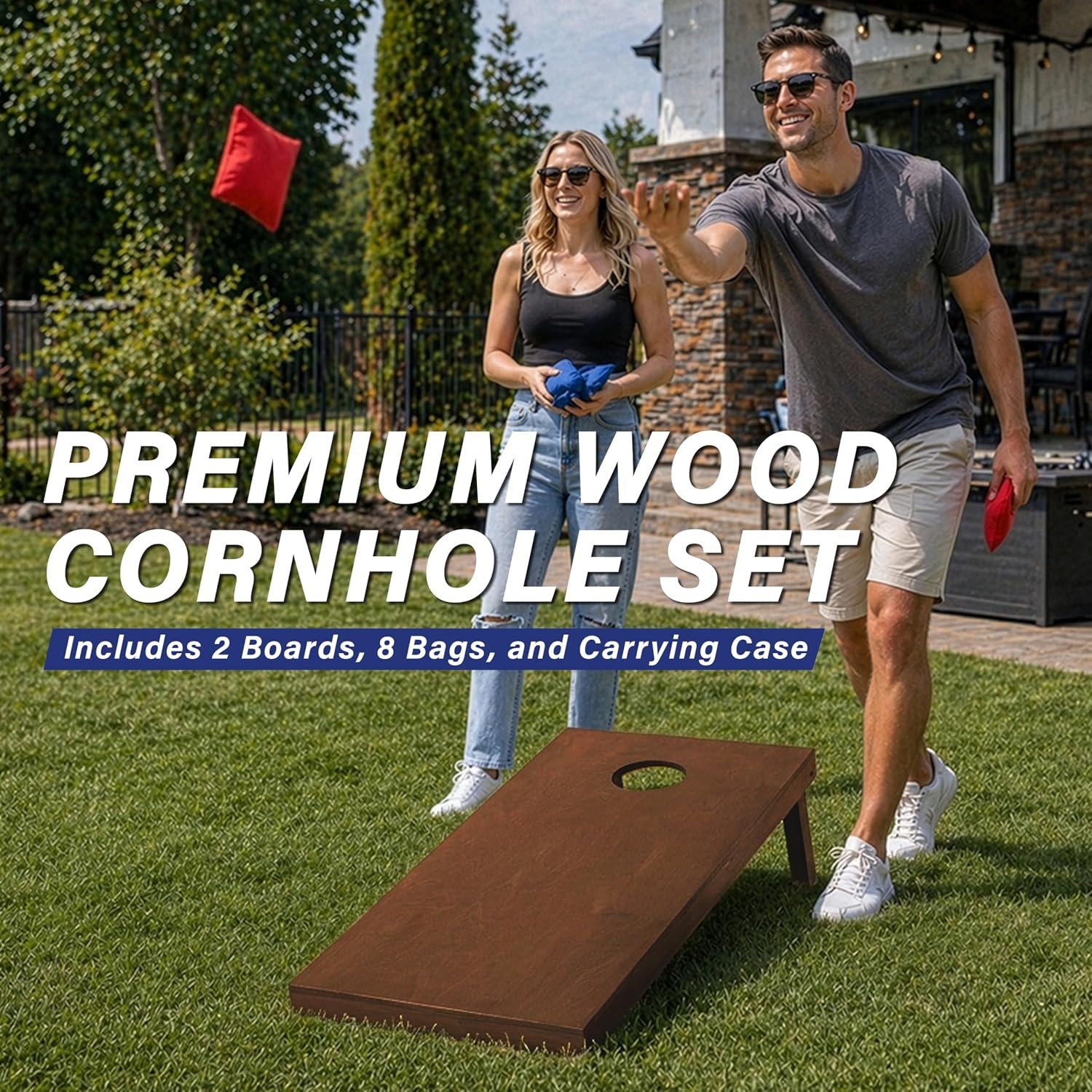 GoSports 4 ft x 2 ft Regulation Size Wooden Cornhole Boards Set with Dark Brown Finish – Includes Carrying Case(American Stars & Stripes)