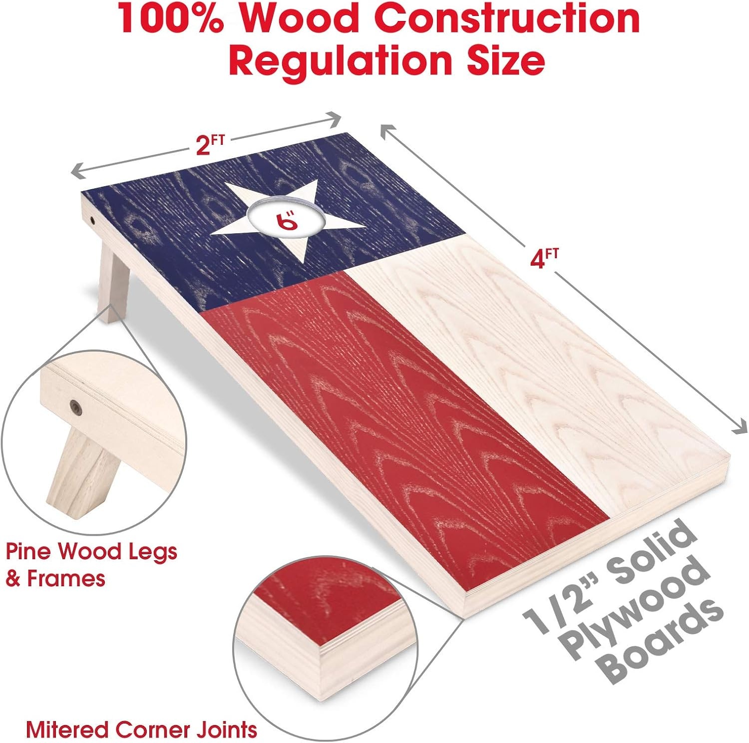 GoSports 4 x 2 ft Flag Series Wood Cornhole Sets – American Flag or State Flags – Includes 2 Regulation Size Boards, 8 Bean Bags, Carrying Case and Rules(Texas Flag)