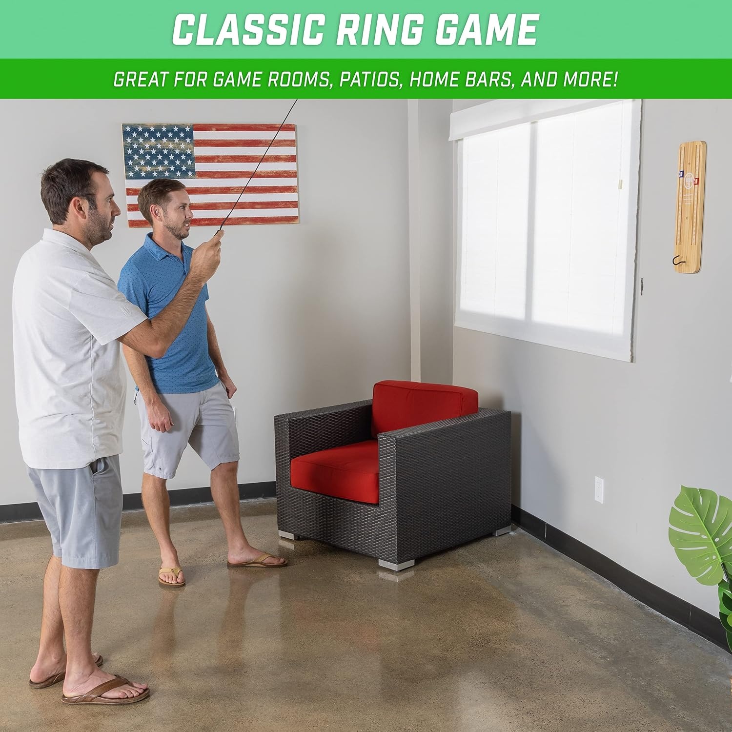 GoSports Hook 21 Ceiling Mount Ring Swing Game Indoor and Outdoor Hook and Ring Toss Bar Game for Adults Easy Install Man Cave and Patio Fun(Natural)