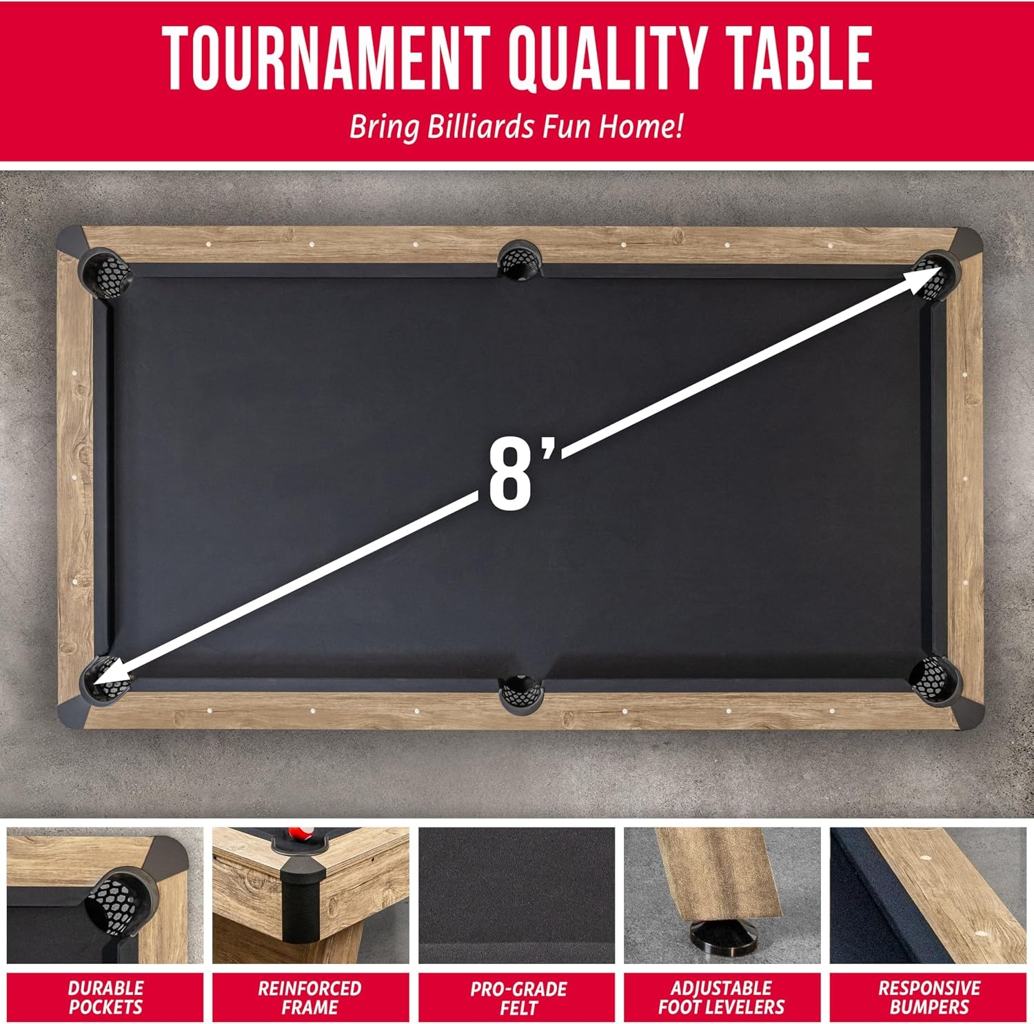GoSports 7 and 8 ft Pool Tables with Wood Finish – Gray, Black, or Green Felt – Billiards Game Room Table for Adults & Family – Accessories Not Included(8 ft Black)