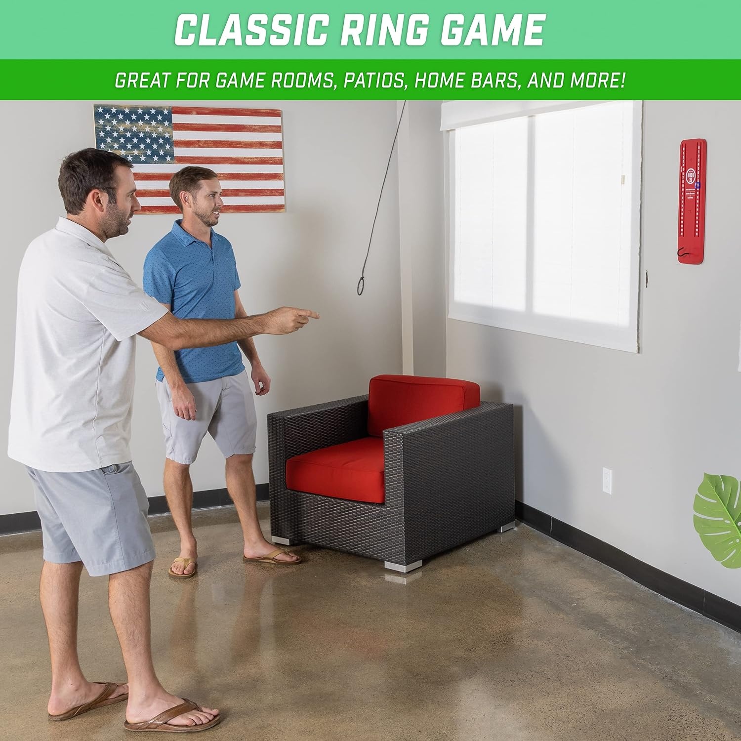 GoSports Hook 21 Ceiling Mount Ring Swing Game Indoor and Outdoor Hook and Ring Toss Bar Game for Adults Easy Install Man Cave and Patio Fun(Red)