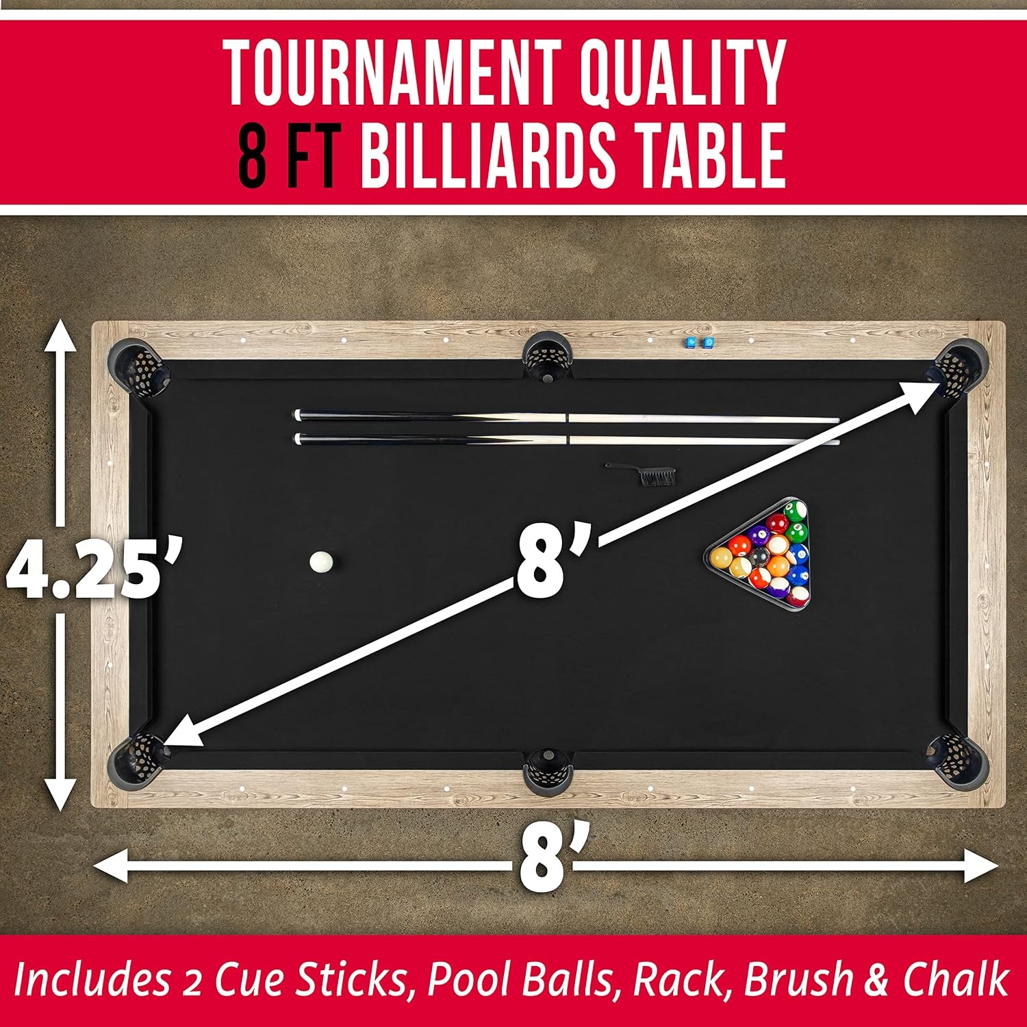 GoSports 8 ft Pool Tables with Wood Finish – Choose Your Style – Modern Billiards Table with 2 Cue Sticks, Balls, Rack, Felt Brush and Chalk(Black  Brown Wood Finish)