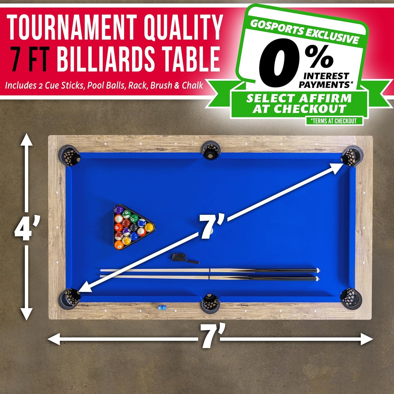 GoSports 7 ft Pool Tables with Wood Finish – Choose Your Style – Modern Billiards Table with 2 Cue Sticks, Balls, Rack, Felt Brush and Chalk(Blue  Brown Wood Finish)