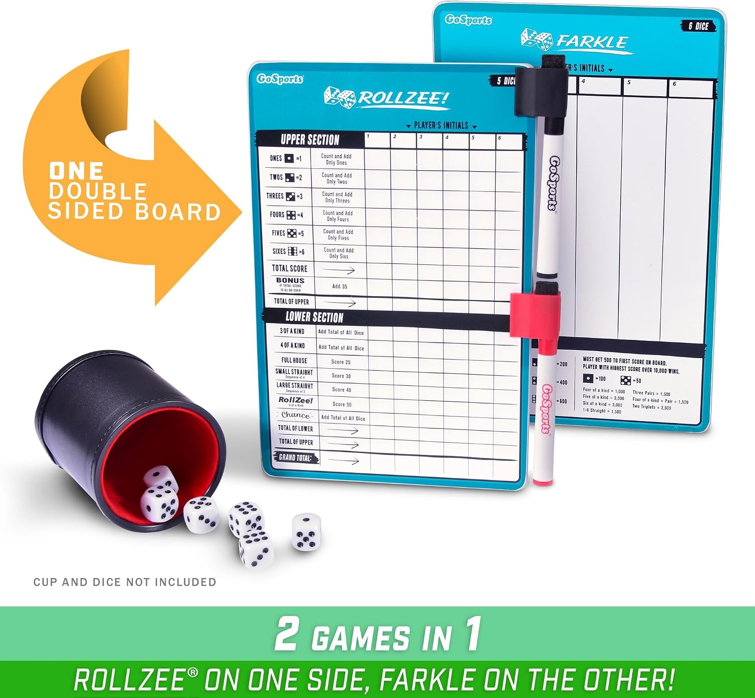 GoSports Dry Erase Rollzee and Farkle Scoreboard – Giant Size with 2 Pens