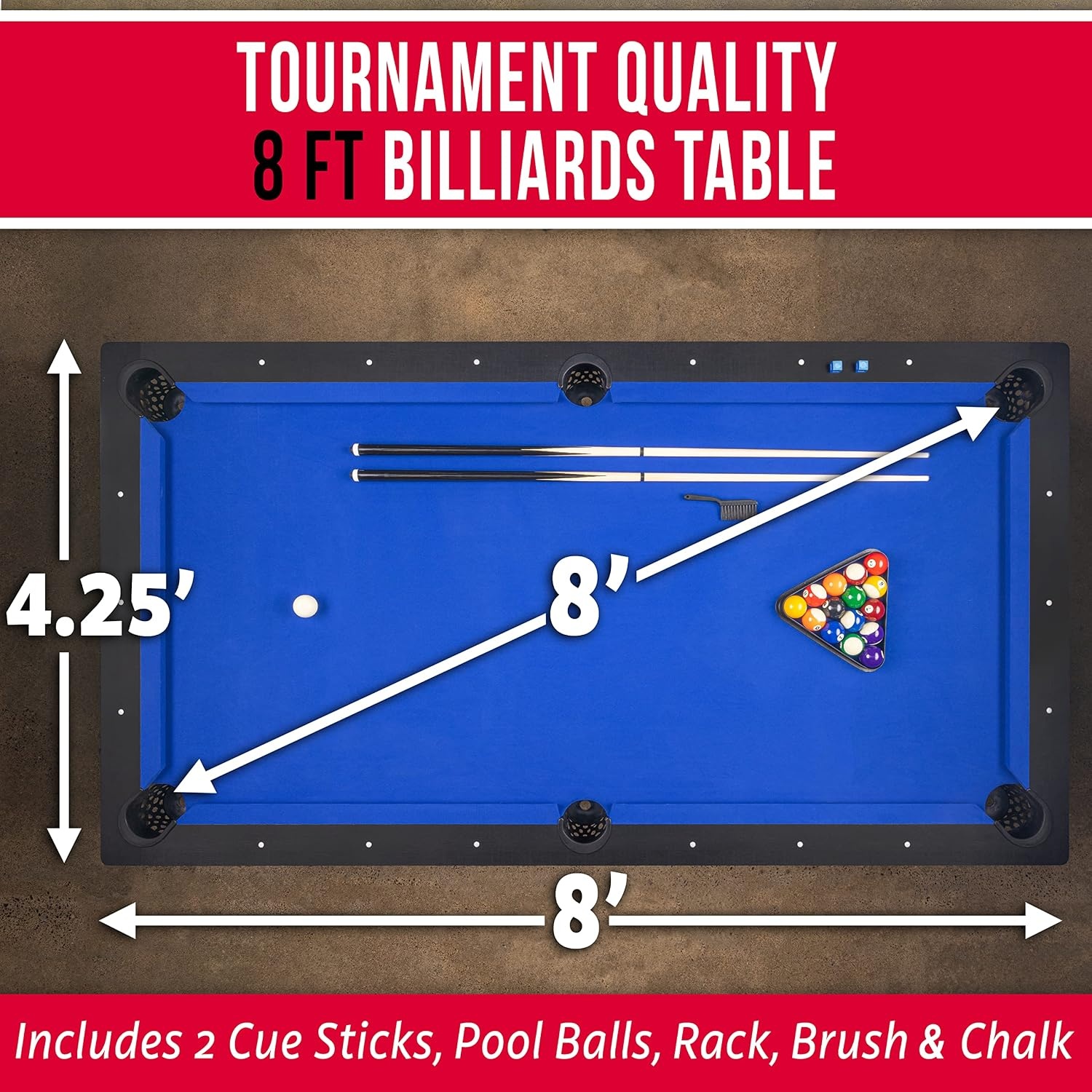 GoSports 8 ft Pool Tables with Wood Finish – Choose Your Style – Modern Billiards Table with 2 Cue Sticks, Balls, Rack, Felt Brush and Chalk(Blue  Black Wood Finish)