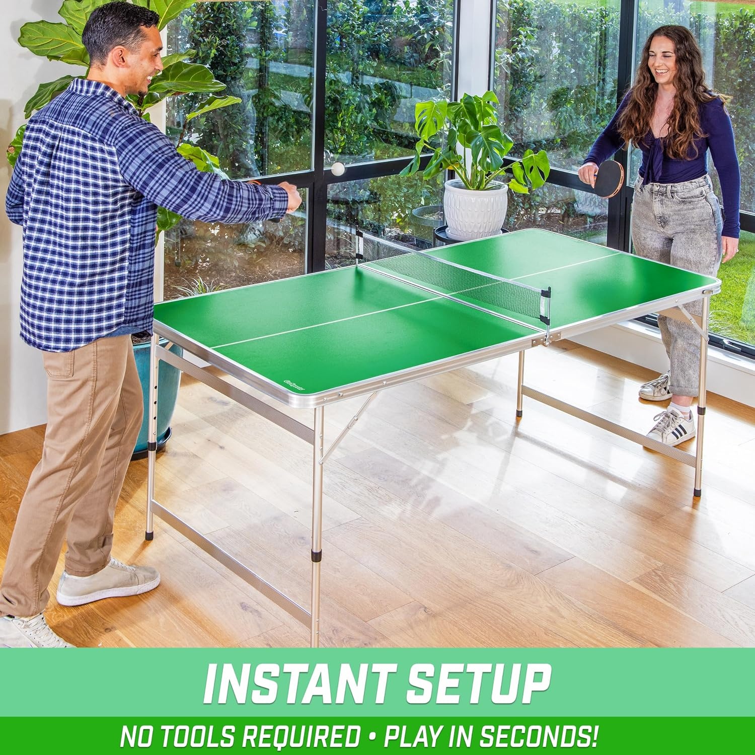GoSports 6 x 3 ft Mid-Size Table Tennis Table Set with Adjustable Height – Green or Blue(6 x 3 ft Green)