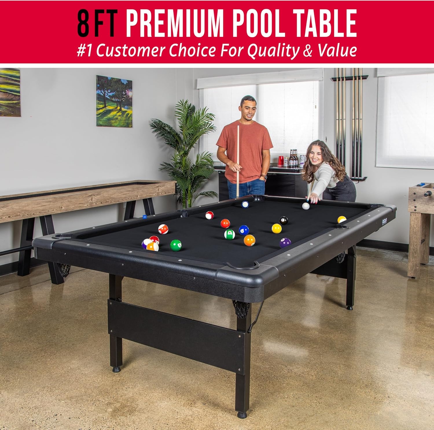 GoSports 6, 7, or 8 ft Billiards Tables – No Assembly, Choose Your Color – Portable Pool Table Includes Full Set of Balls, 2 Cue Sticks, Chalk and Felt Brush(8 ft Black)