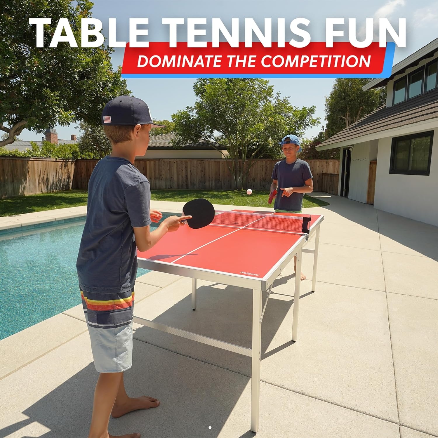 GoSports Mid-Size Table Tennis Game Set – Red or Blue – Indoor/Outdoor Portable Table Tennis Game with Net, 2 Table Tennis Paddles and 4 Balls(Red Table)