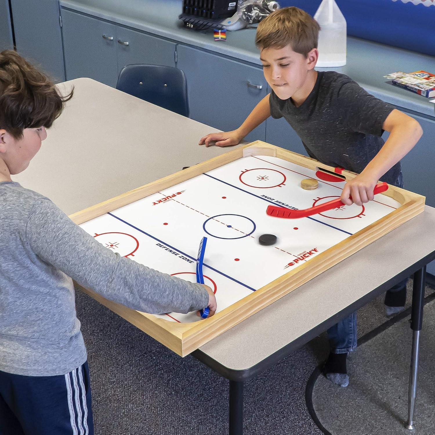 GoSports Hockey Ice Pucky Wooden Table Top Hockey Game for Kids & Adults – Includes 1 Game Board, 2 Hockey Sticks & 3 Pucks